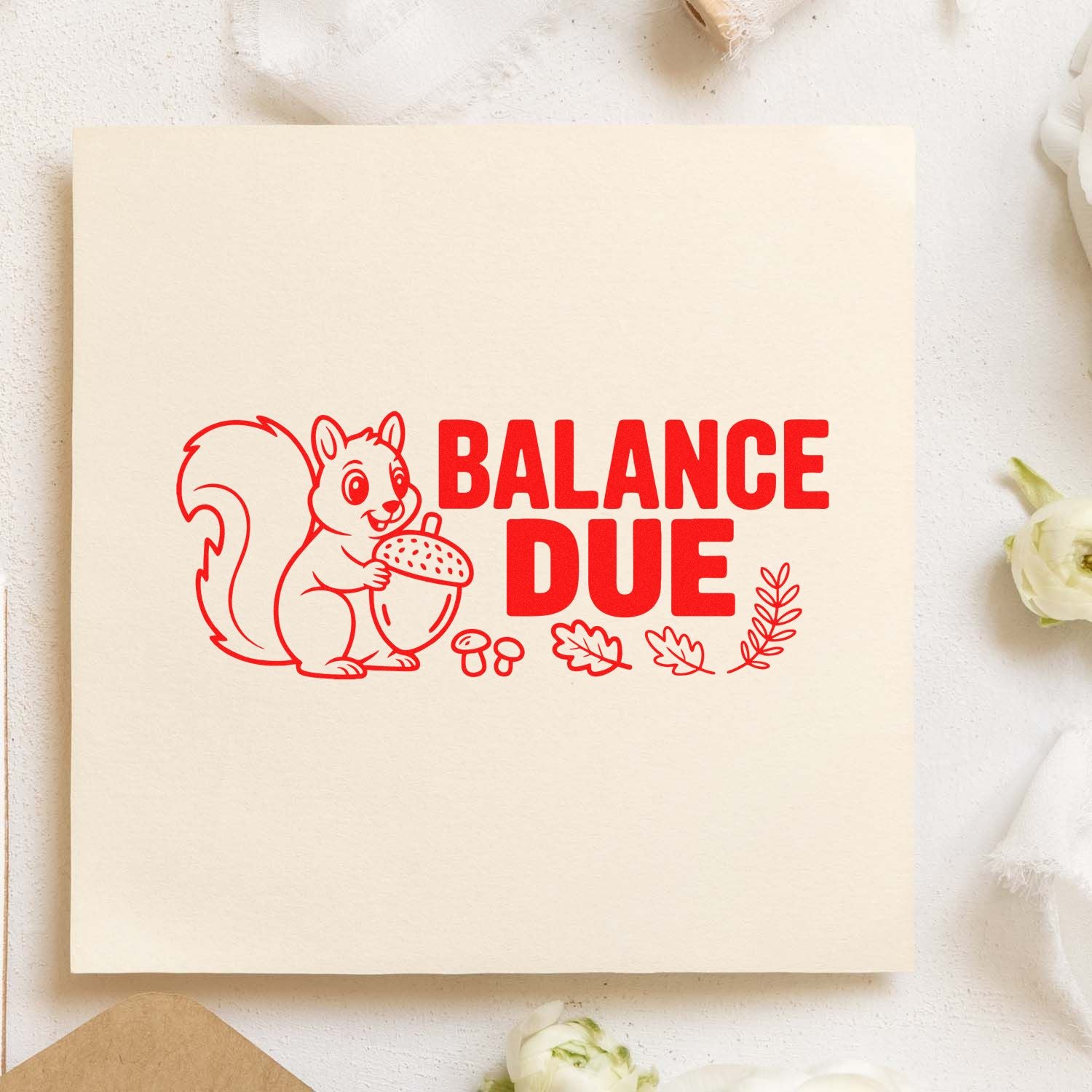 Cream stamp and seal card with red squirrel, acorn, and bold BALANCE DUE text, plus leaves and mushrooms.