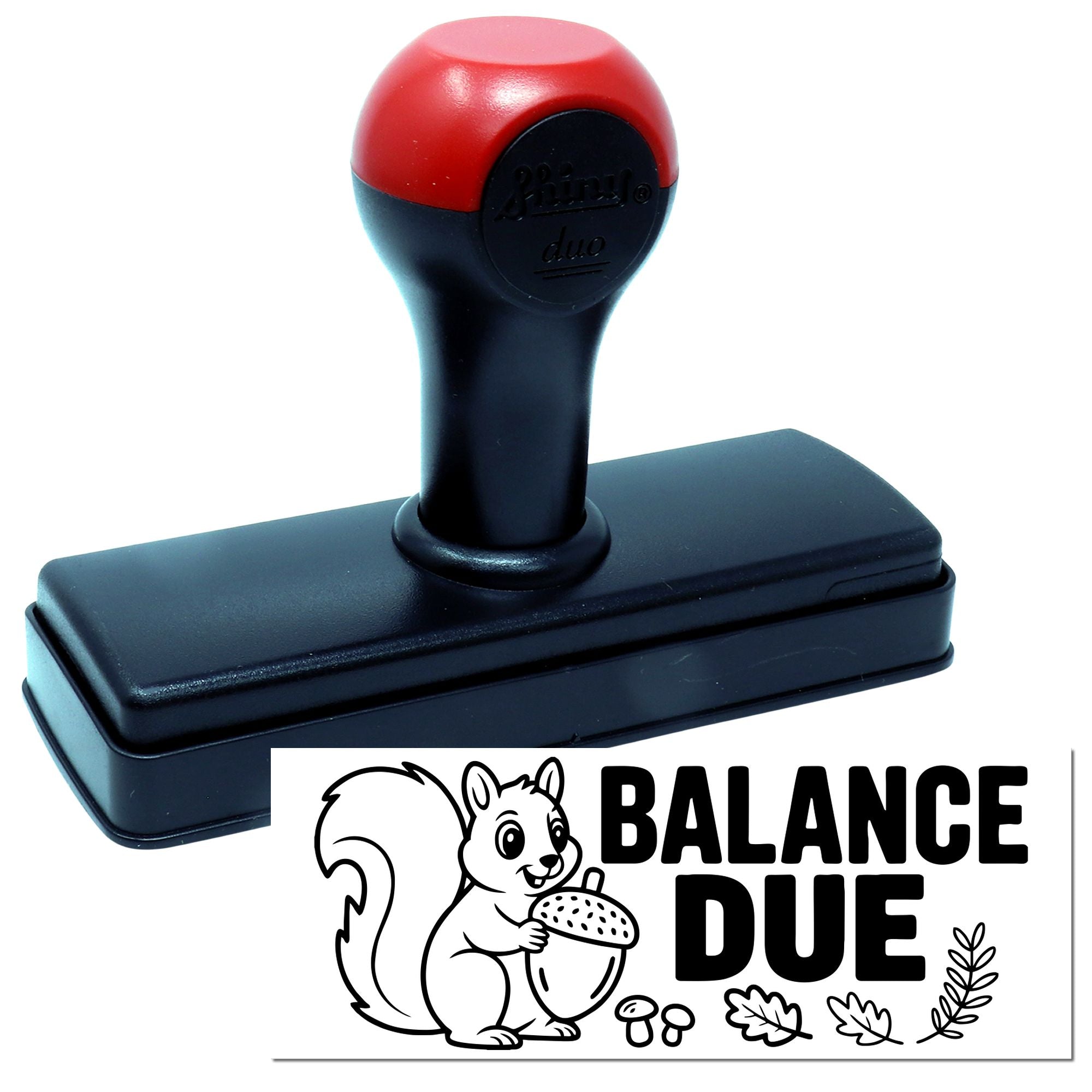Red and black self-inking stamp and seal with Balance Due squirrel design.