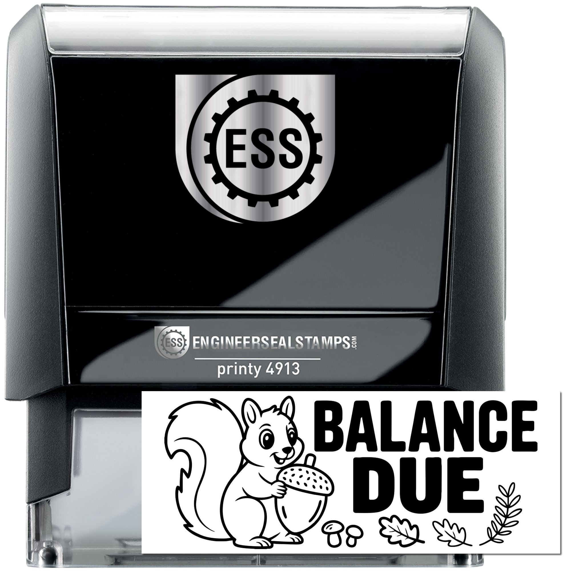 Black and silver self-inking engineer seal stamp and balance due stamp with squirrel and acorns, black and white.