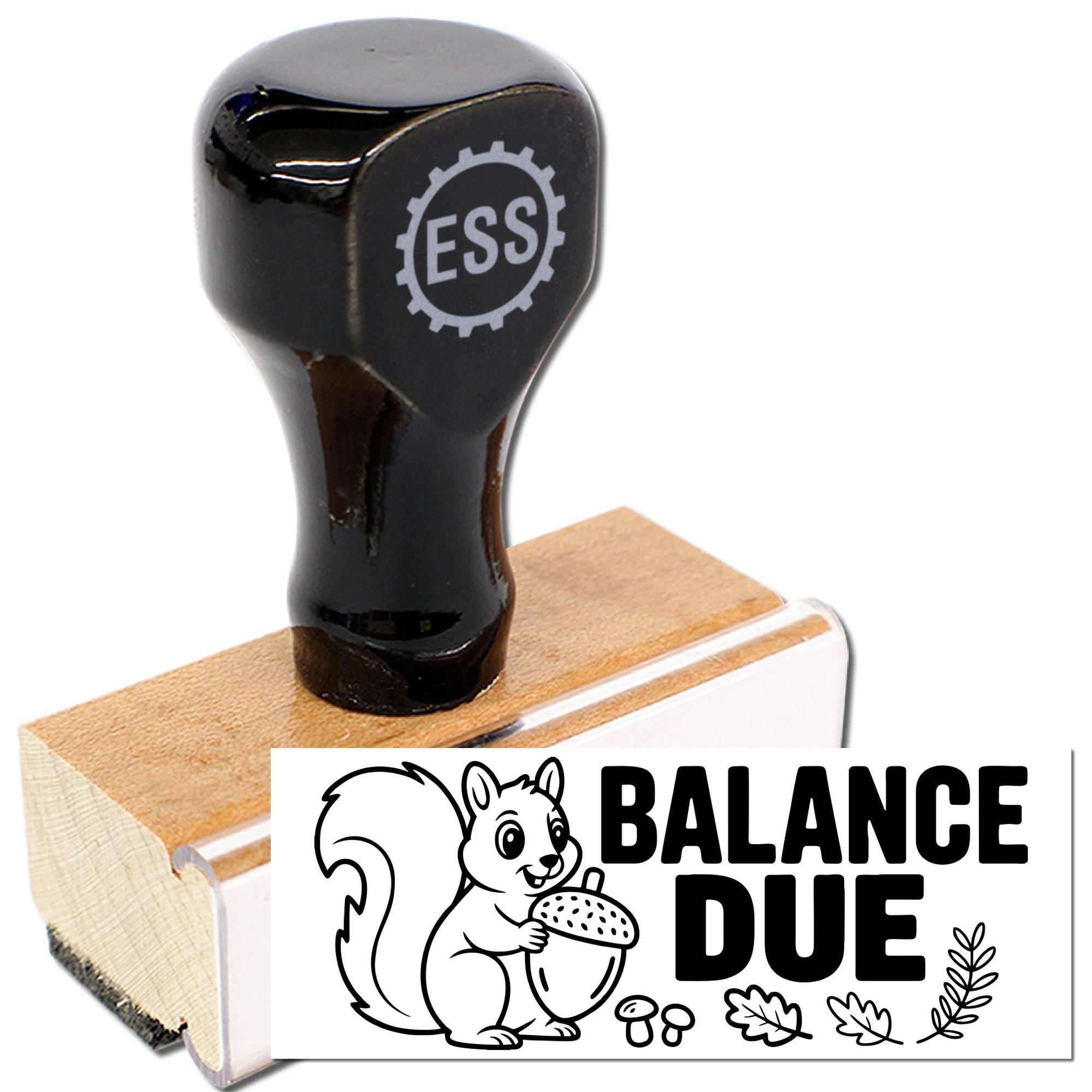 Black wooden stamp and seal block with squirrel graphic and bold BALANCE DUE text on white.