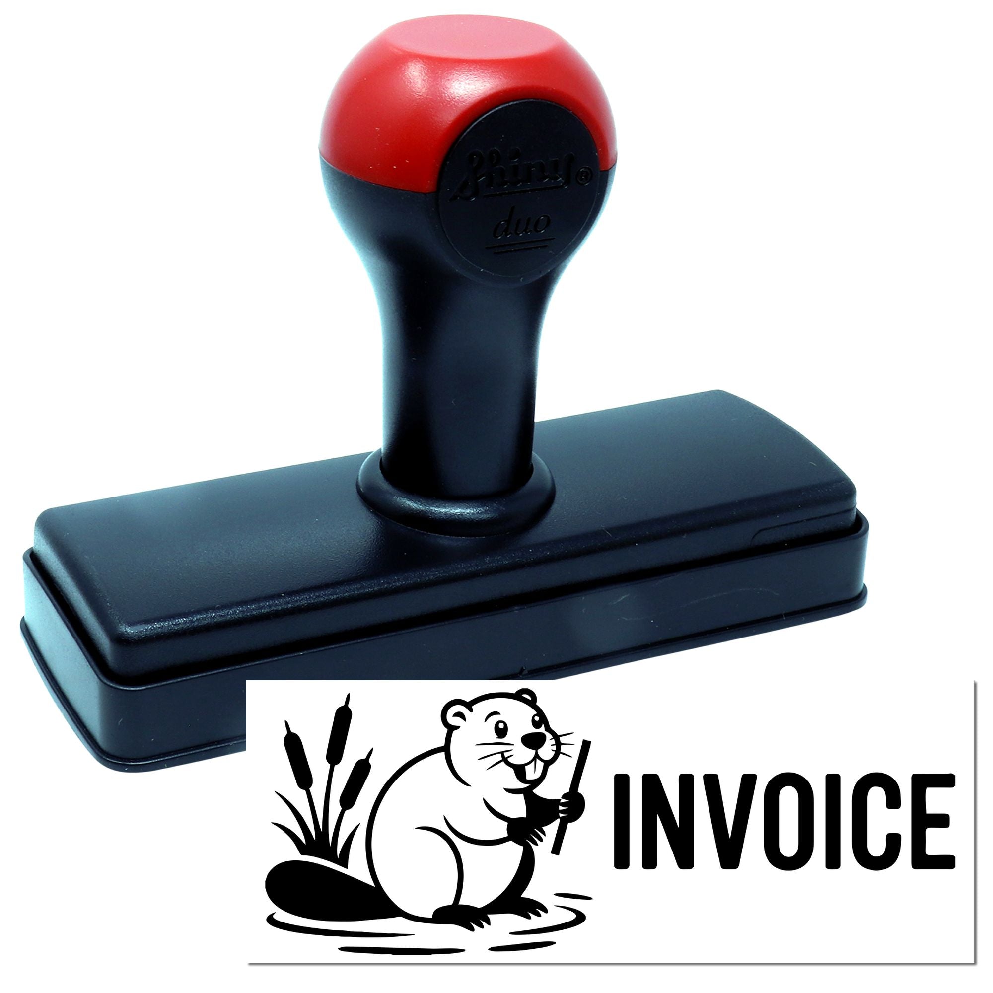 Red-and-black self-inking stamp and invoice seal with beaver logo and bold black INVOICE text.