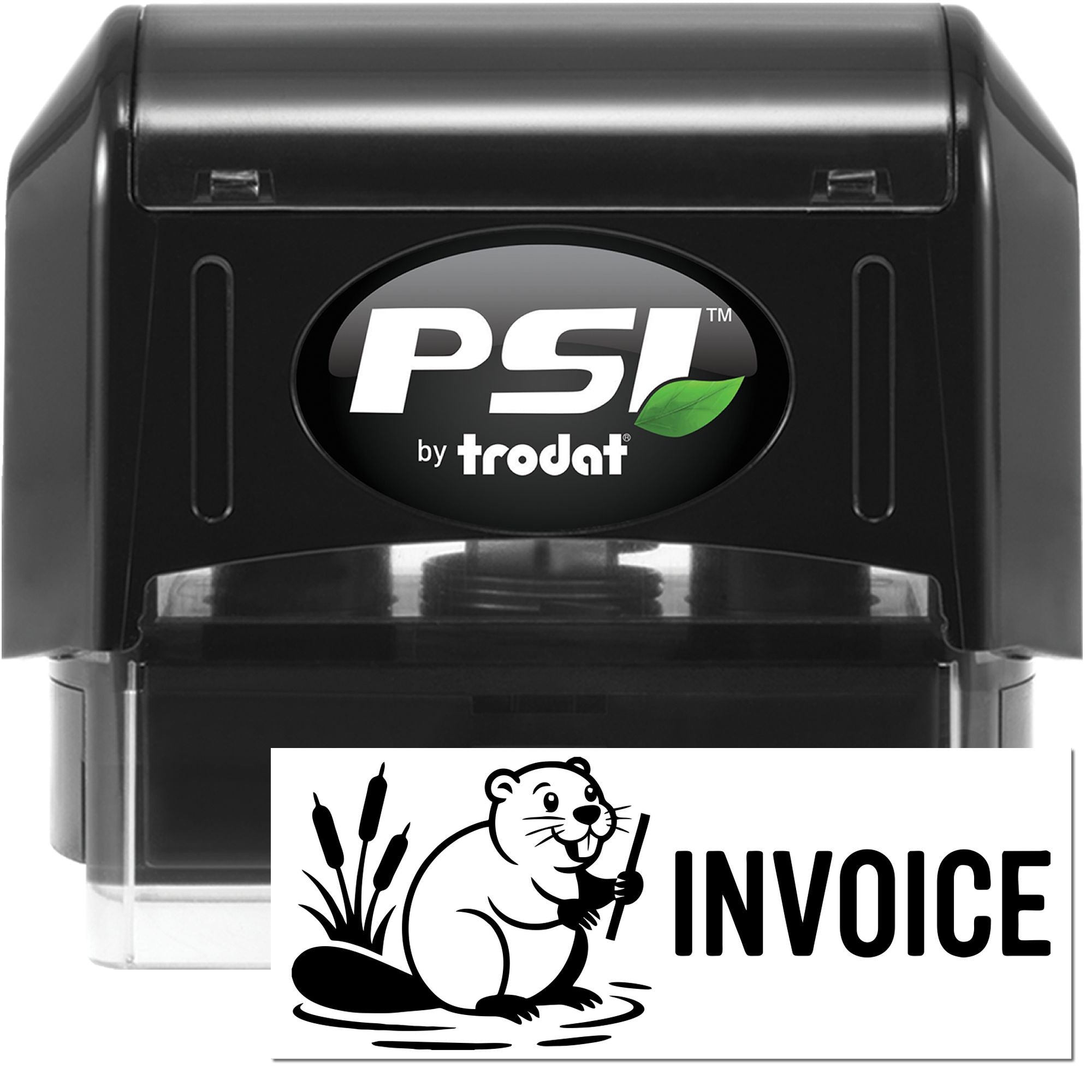Black PSI by Trodat self-inking stamp and seal with invoice design and beaver logo on white background.