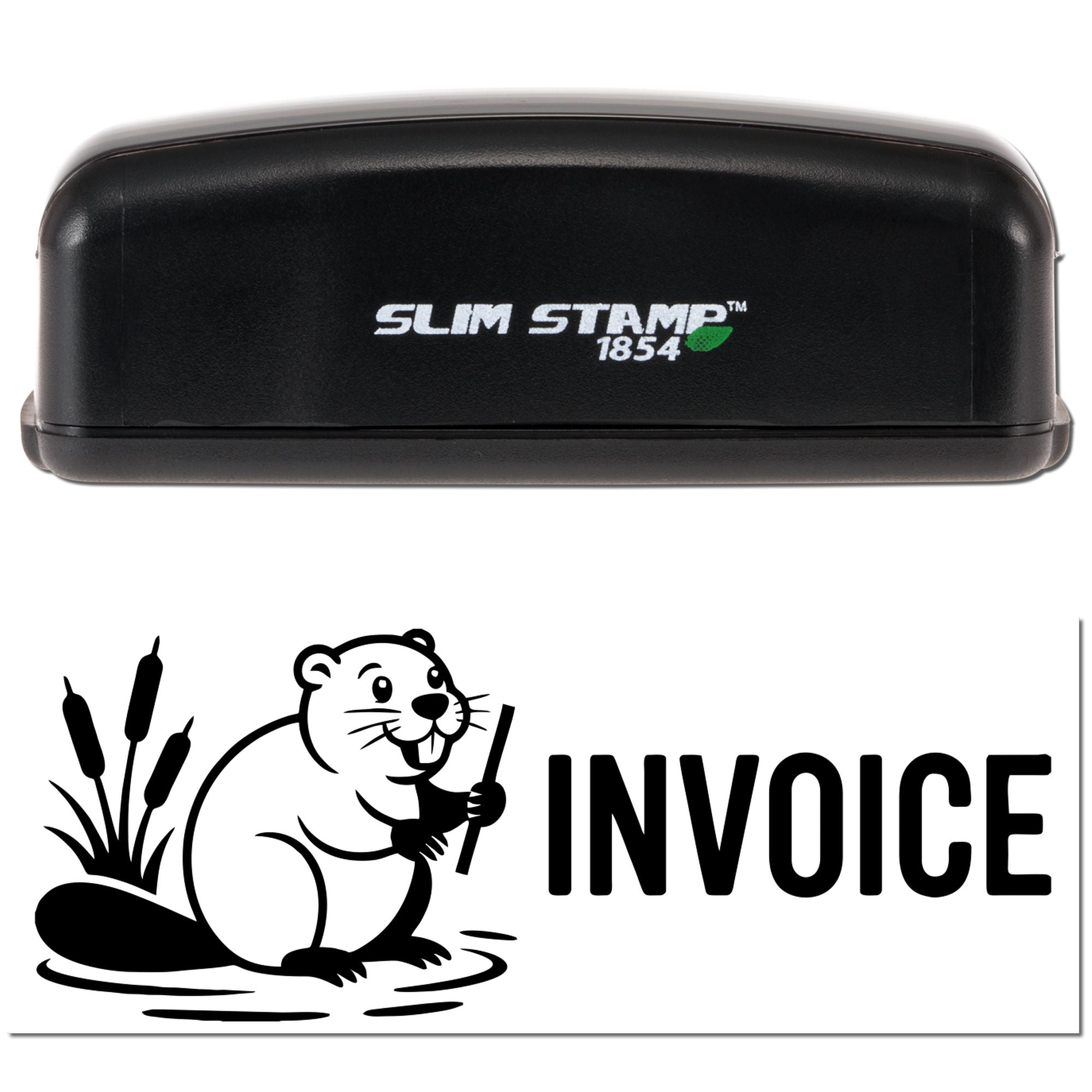 Black Slim Stamp 1854 self-inking stamp with green logo above a beaver invoice seal design.