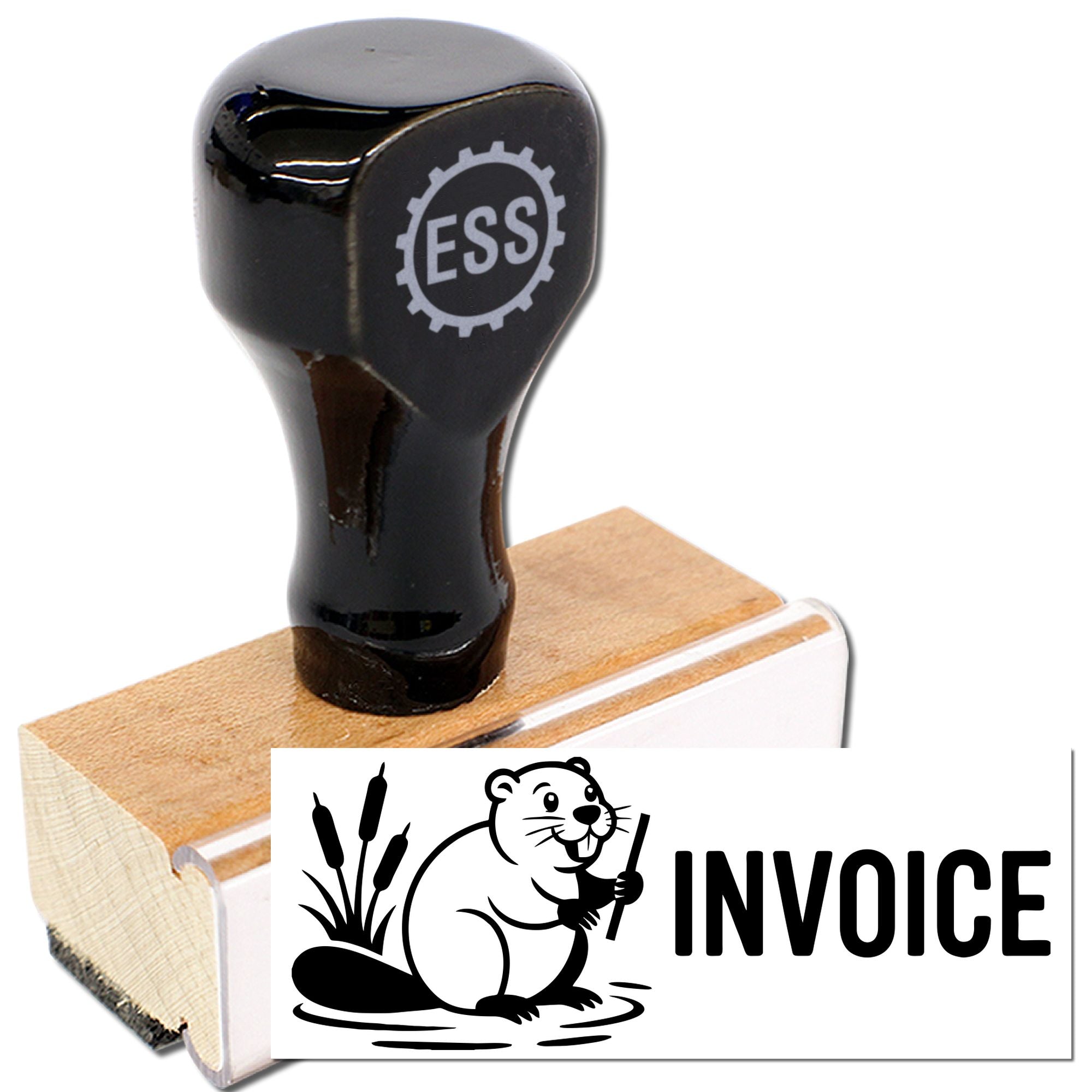 Black ESS rubber stamp on a wooden block with invoice seal featuring a beaver and cattails, on white background