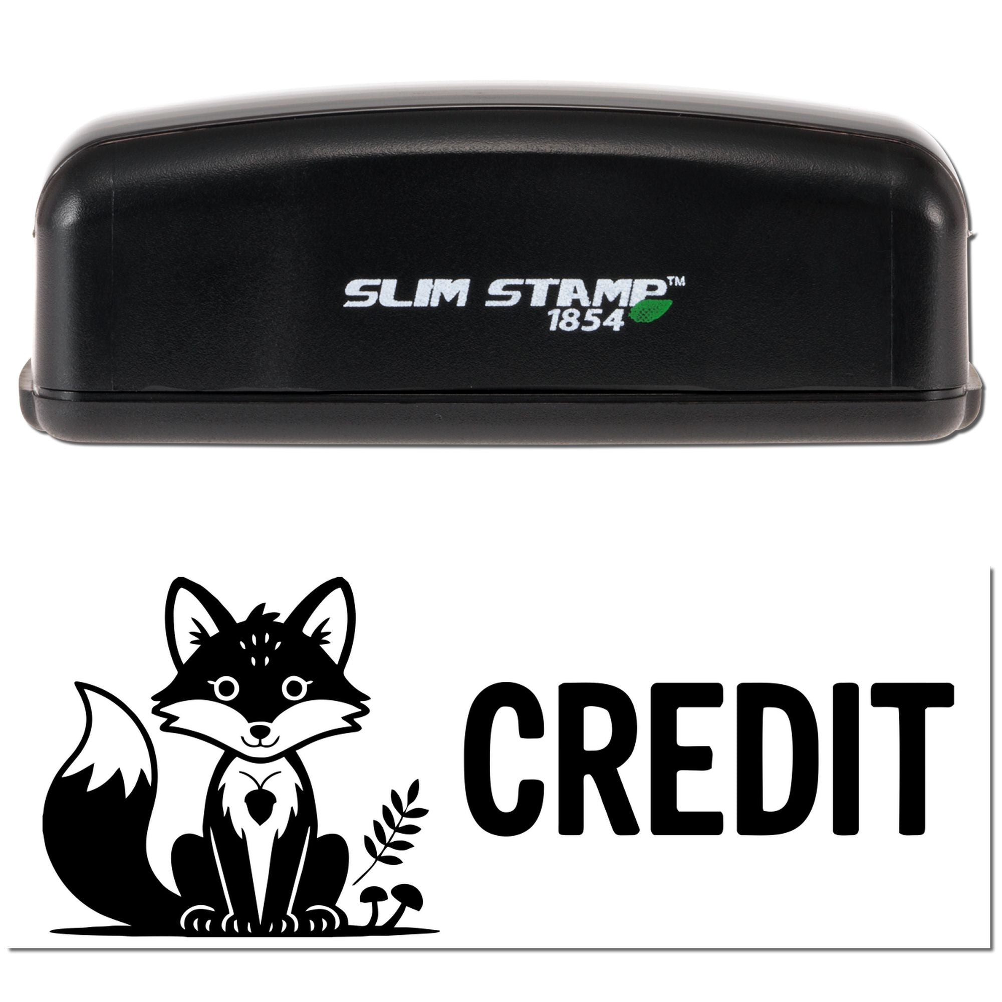 Black Slim Stamp 1854 self-inking stamp and seal with fox logo, bold CREDIT text, on white background.