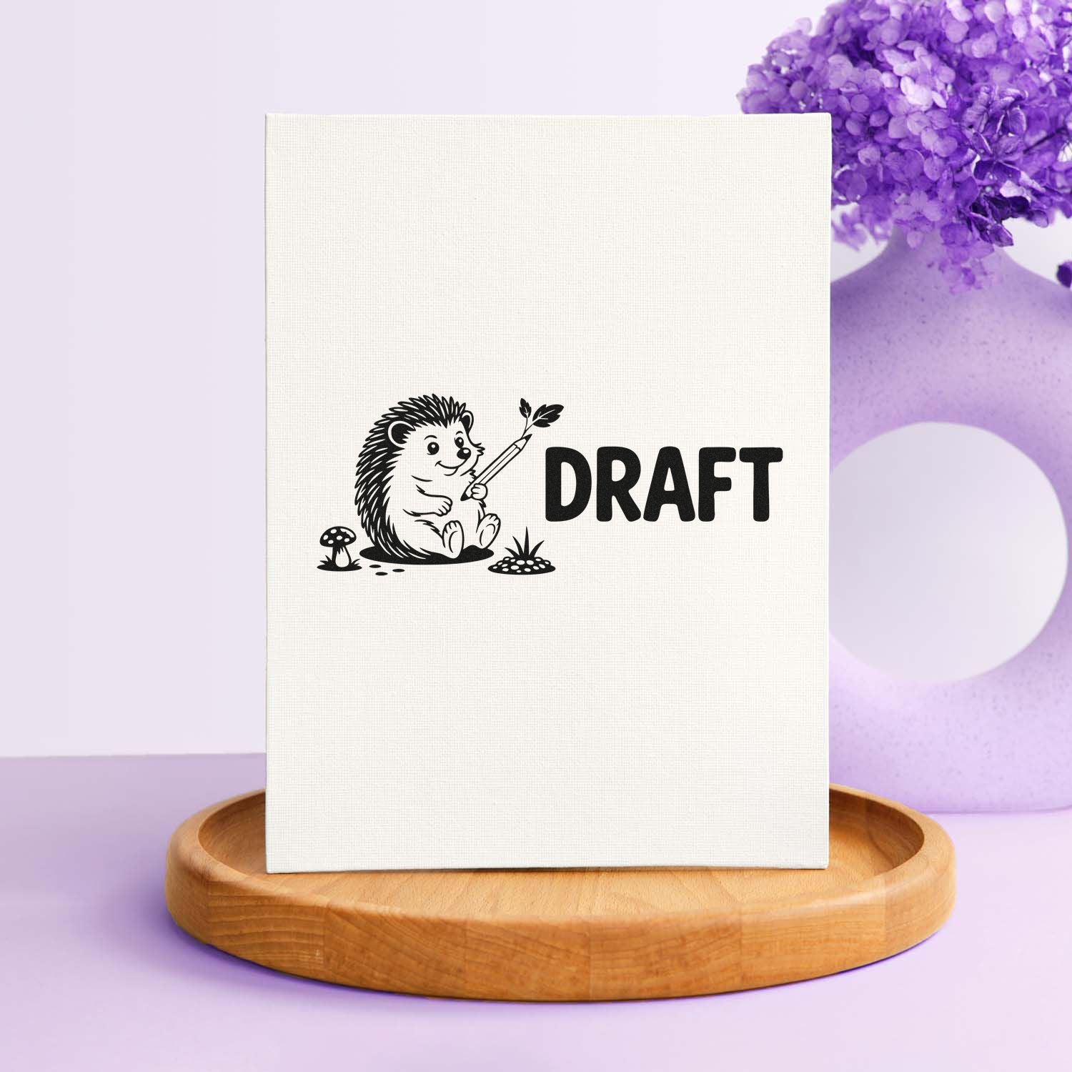 White stamp and seal sample with black hedgehog illustration and DRAFT text on a purple background