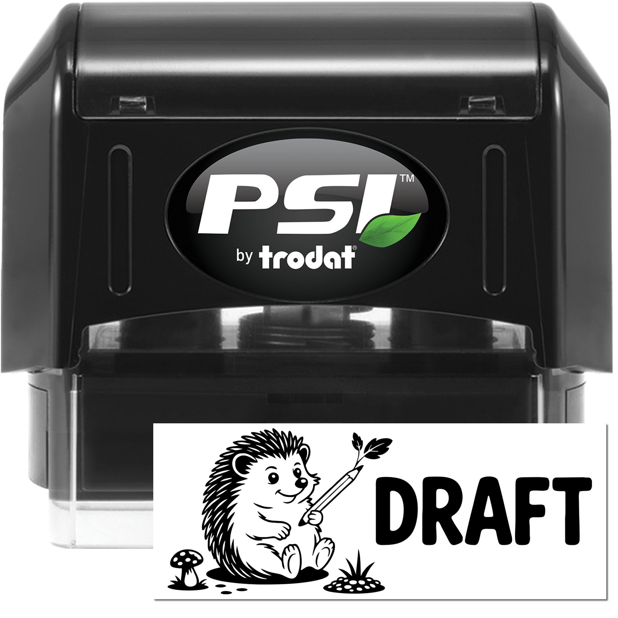 Black PSI by Trodat self-inking stamp and seal with draft hedgehog design and green leaf logo