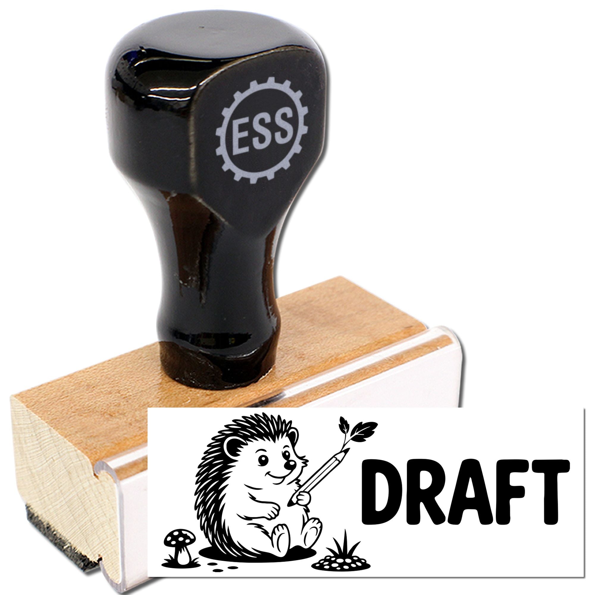 Black rubber stamp and wooden seal handle with ESS logo, showing a hedgehog draft imprint on white cardstock.