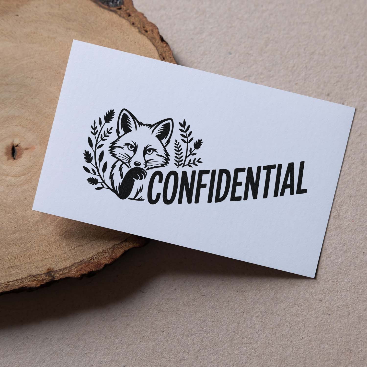 Black confidential stamp seal with fox emblem and leafy wreath on a white card over tan bark background.