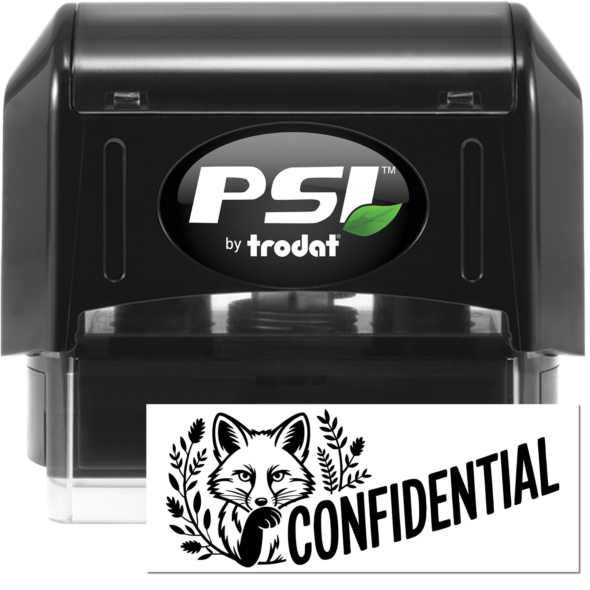 Black PSI by Trodat self-inking stamp and confidential seal with fox design on white paper.