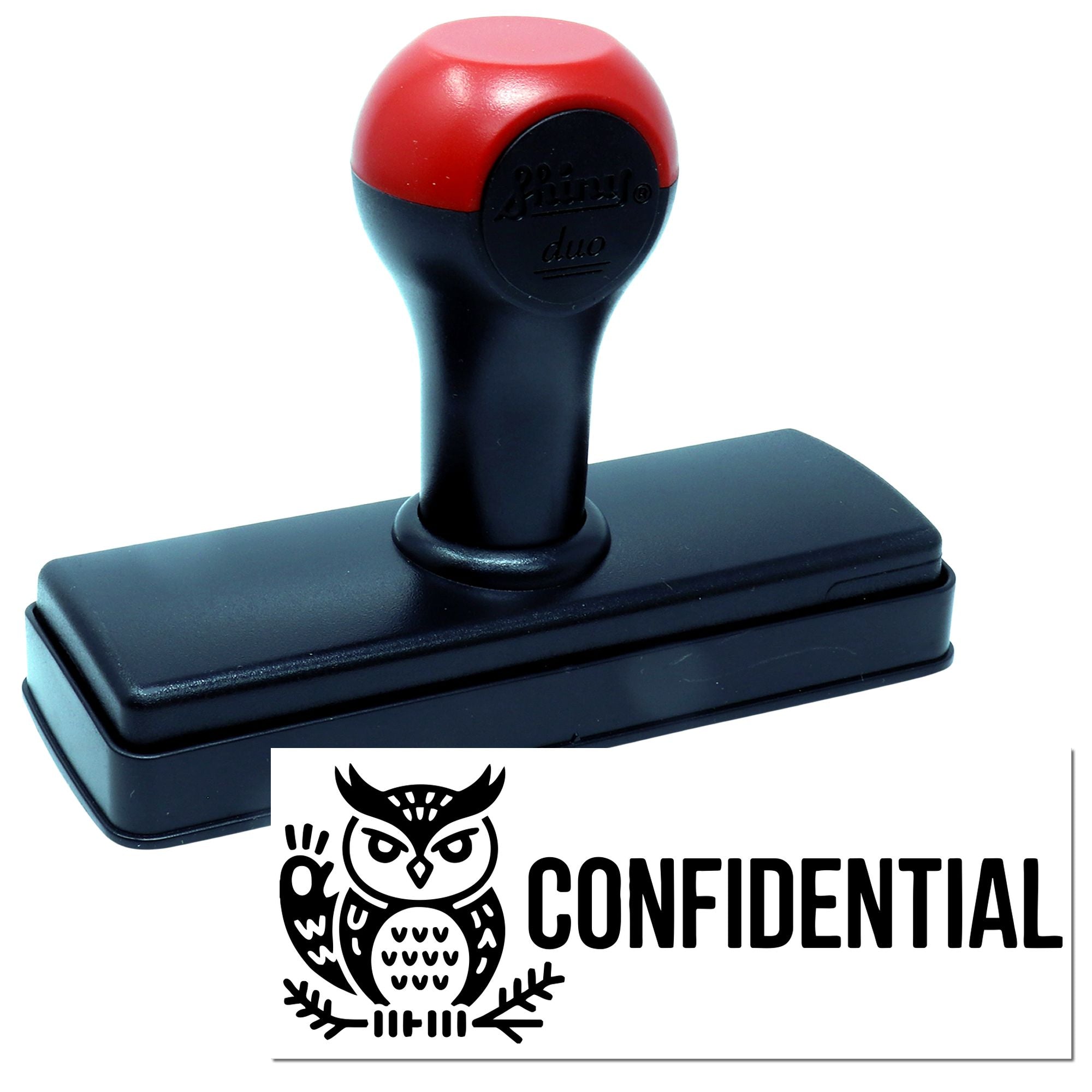 Red and black self-inking stamp and seal with confidential owl confidential imprint