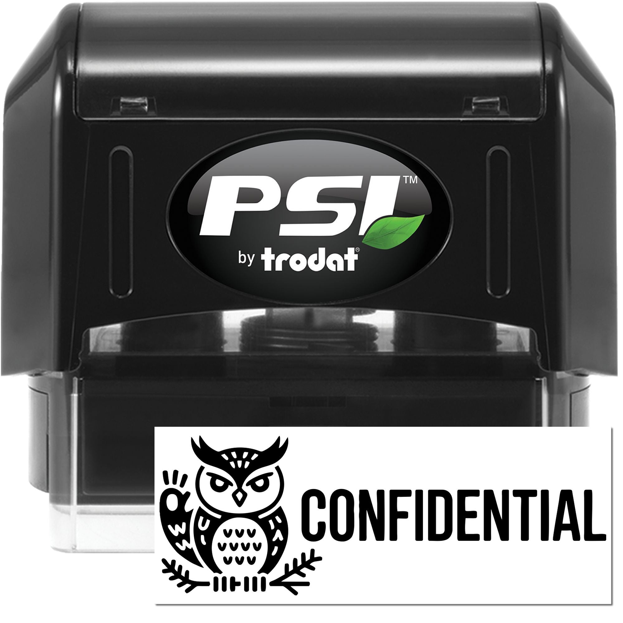 Black PSI by Trodat self-inking stamp with clear handle and white CONFIDENTIAL owl seal impression.