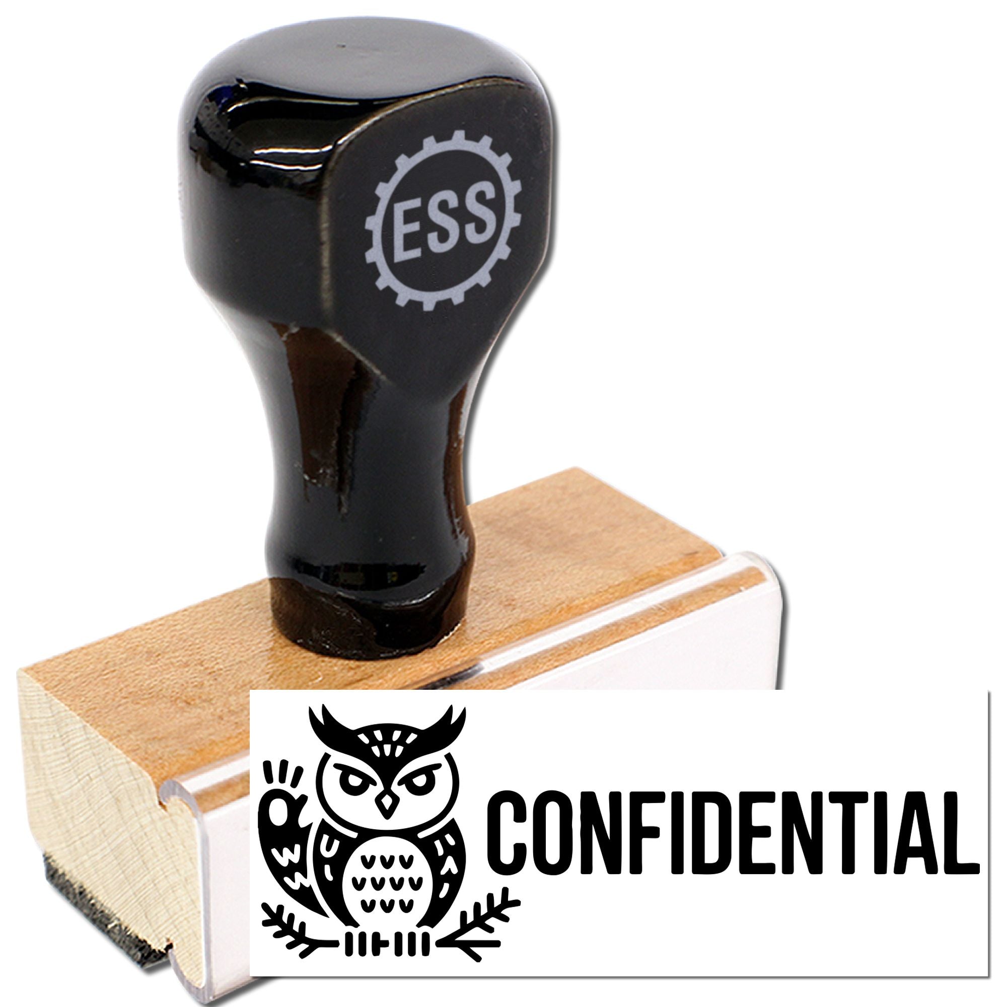 Black ESS stamp and wooden confidential seal with owl design, black and tan on white background