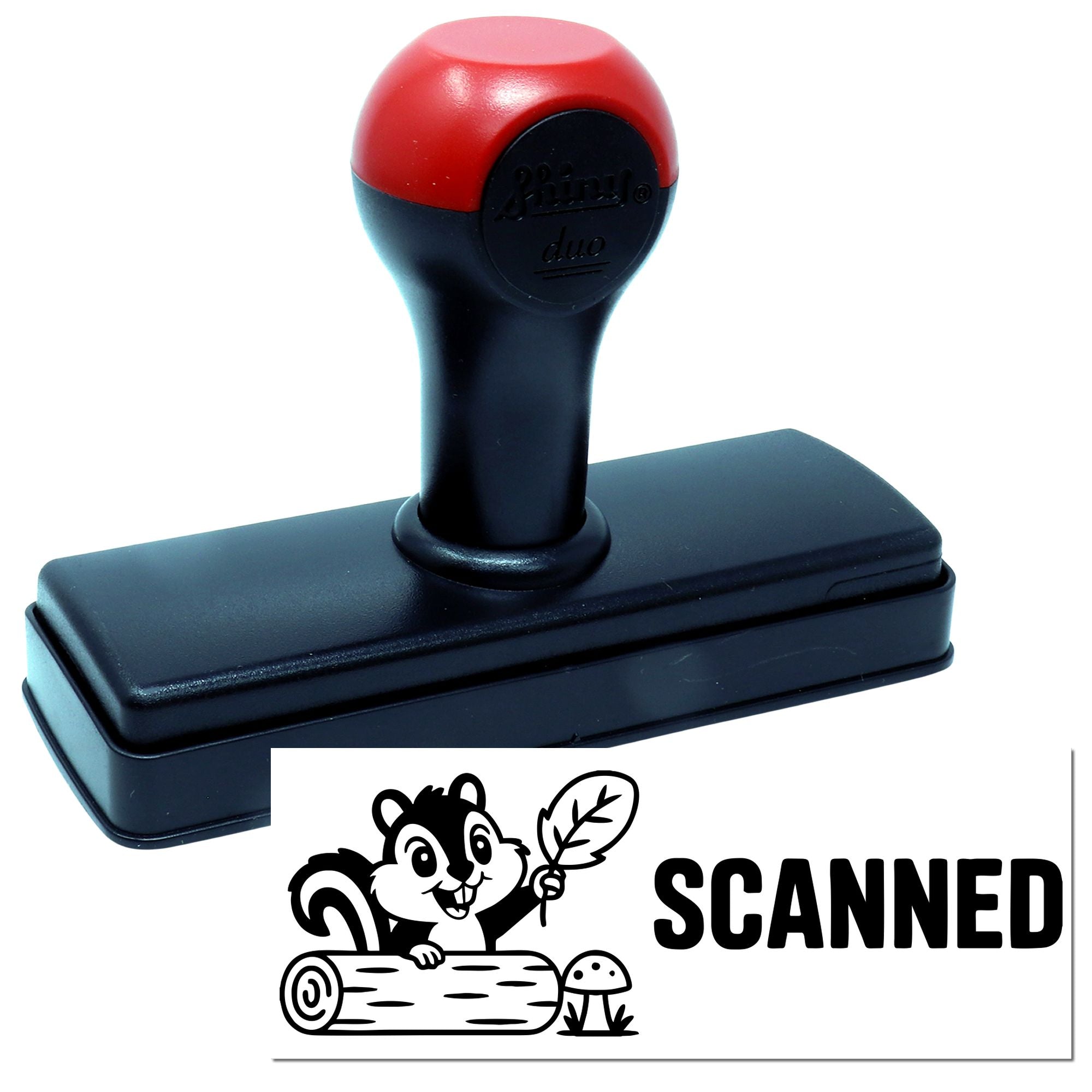 Red and black self-inking stamp and seal with squirrel design and SCANNED imprint on white background.
