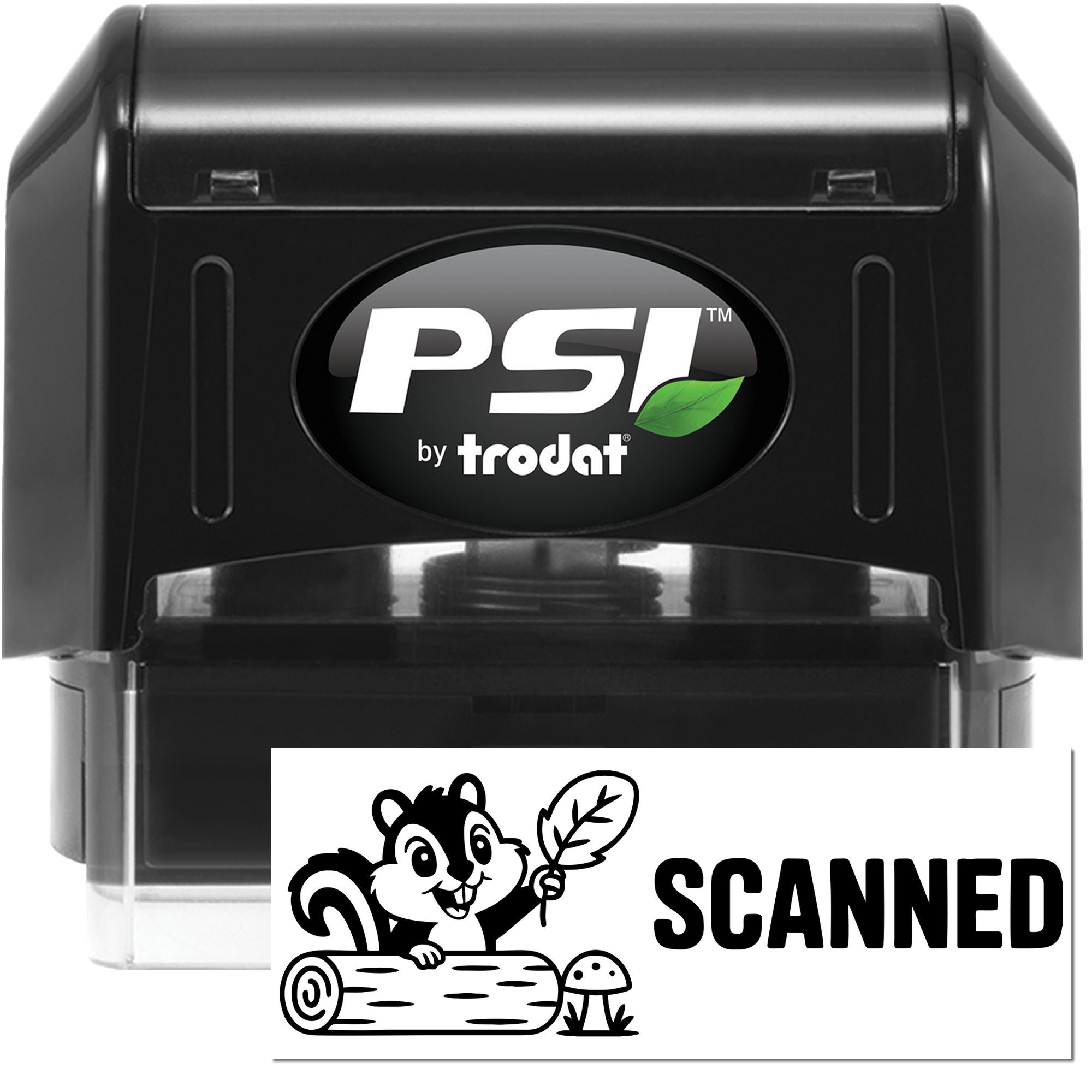 Black PSI by Trodat self-inking stamp with green leaf logo and squirrel SCANNED seal impression on white card.