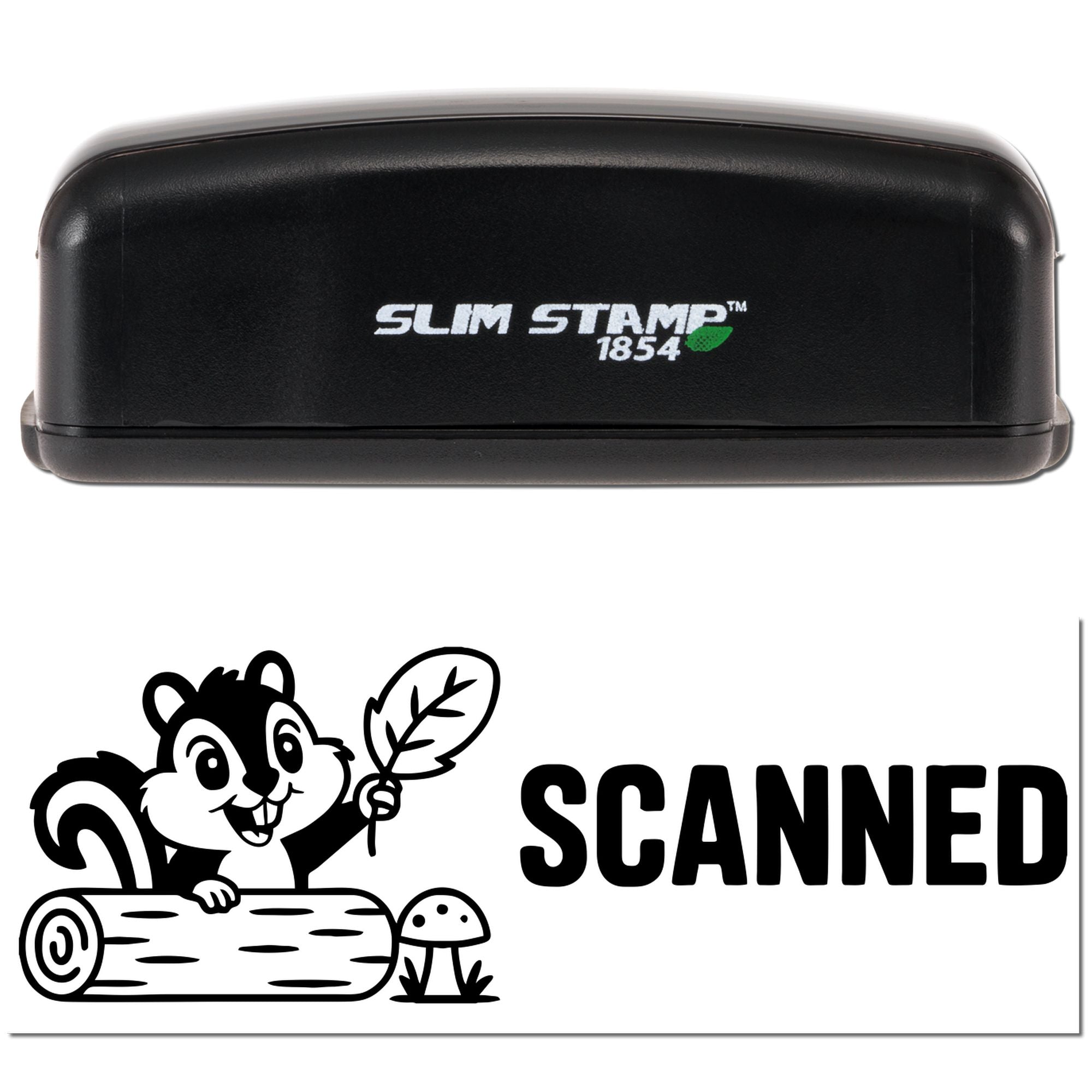 Black Slim Stamp 1854 self-inking stamp and seal with squirrel logo and bold SCANNED text on a white background.