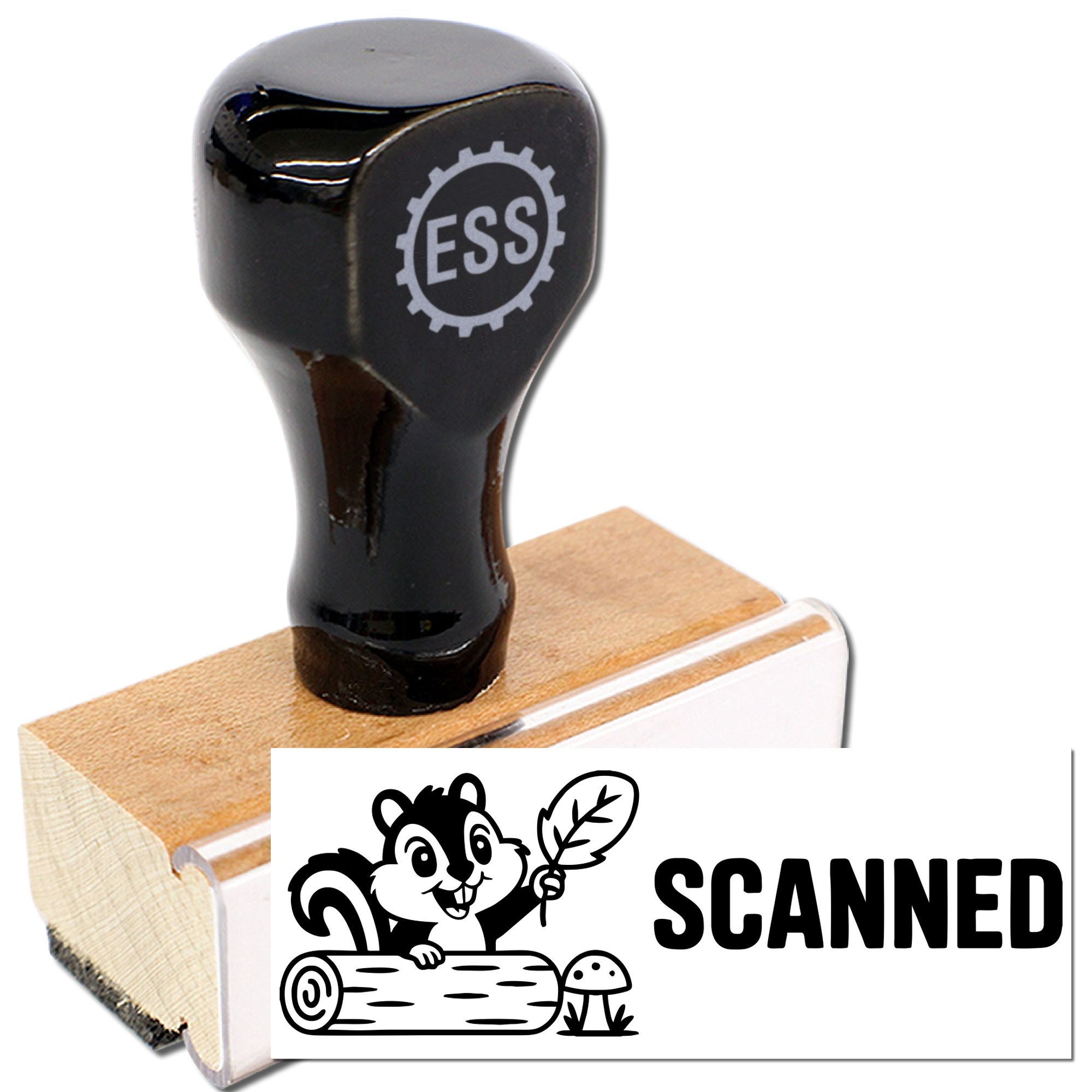 Black self-inking stamp with ESS logo on a wooden block and scanned seal featuring a squirrel design.