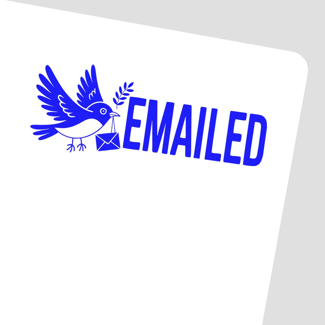 Blue EMAILED stamp seal with bird carrying an envelope on a white background.