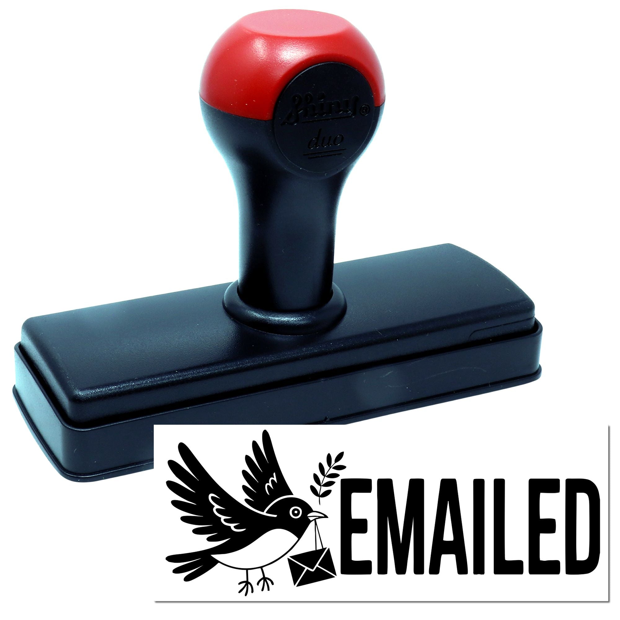 Red and black self-inking stamp and seal with EMAILED bird logo on white background.