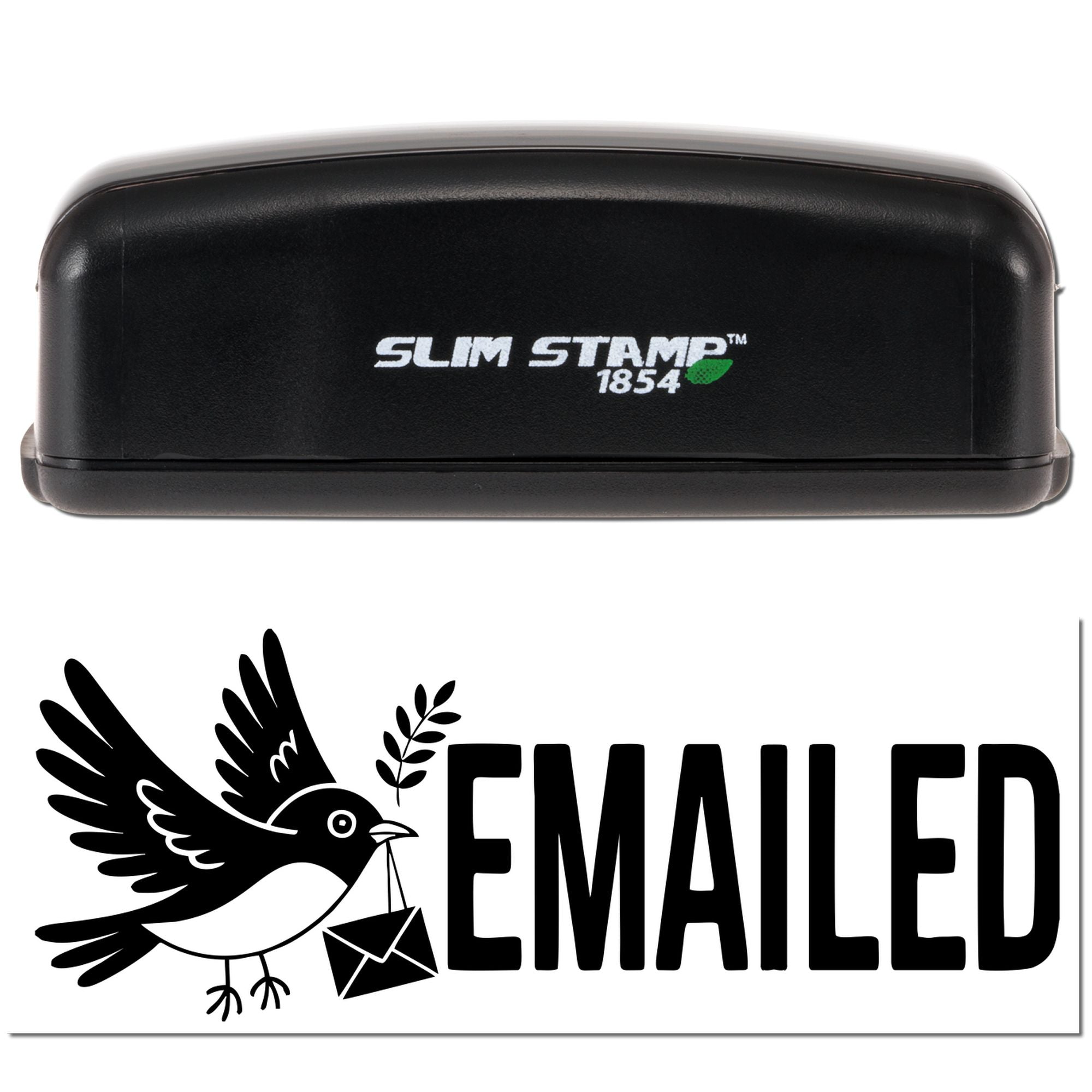 Black Slim Stamp 1854 stamp and seal set with white logo, showing an EMAILED seal and bird carrying an envelope.