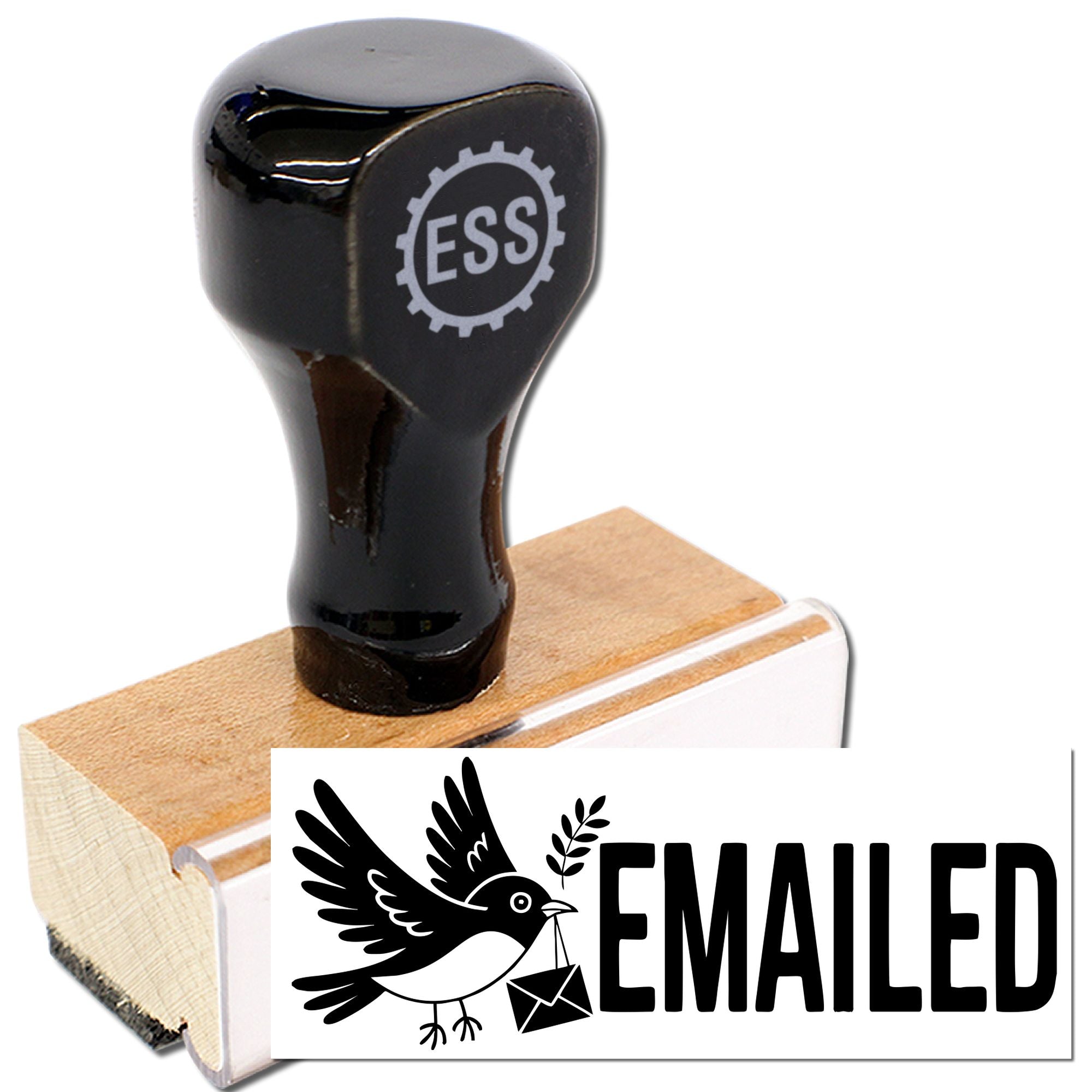 Black self-inking stamp with ESS logo, wooden base, and bold EMAILED bird seal impression.