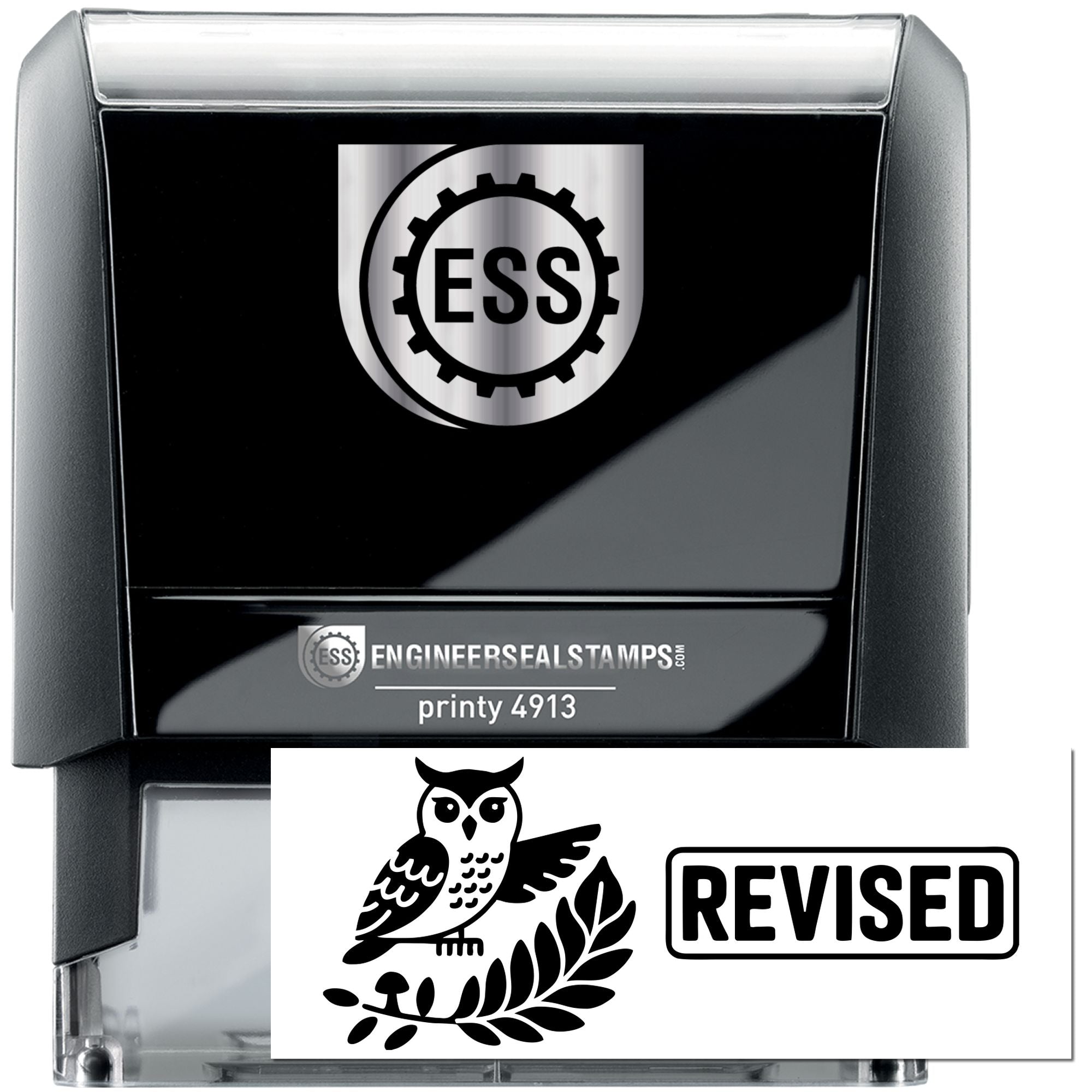 Black ESS self-inking stamp and seal with silver top, white REVISED owl seal, and clear cartridge.