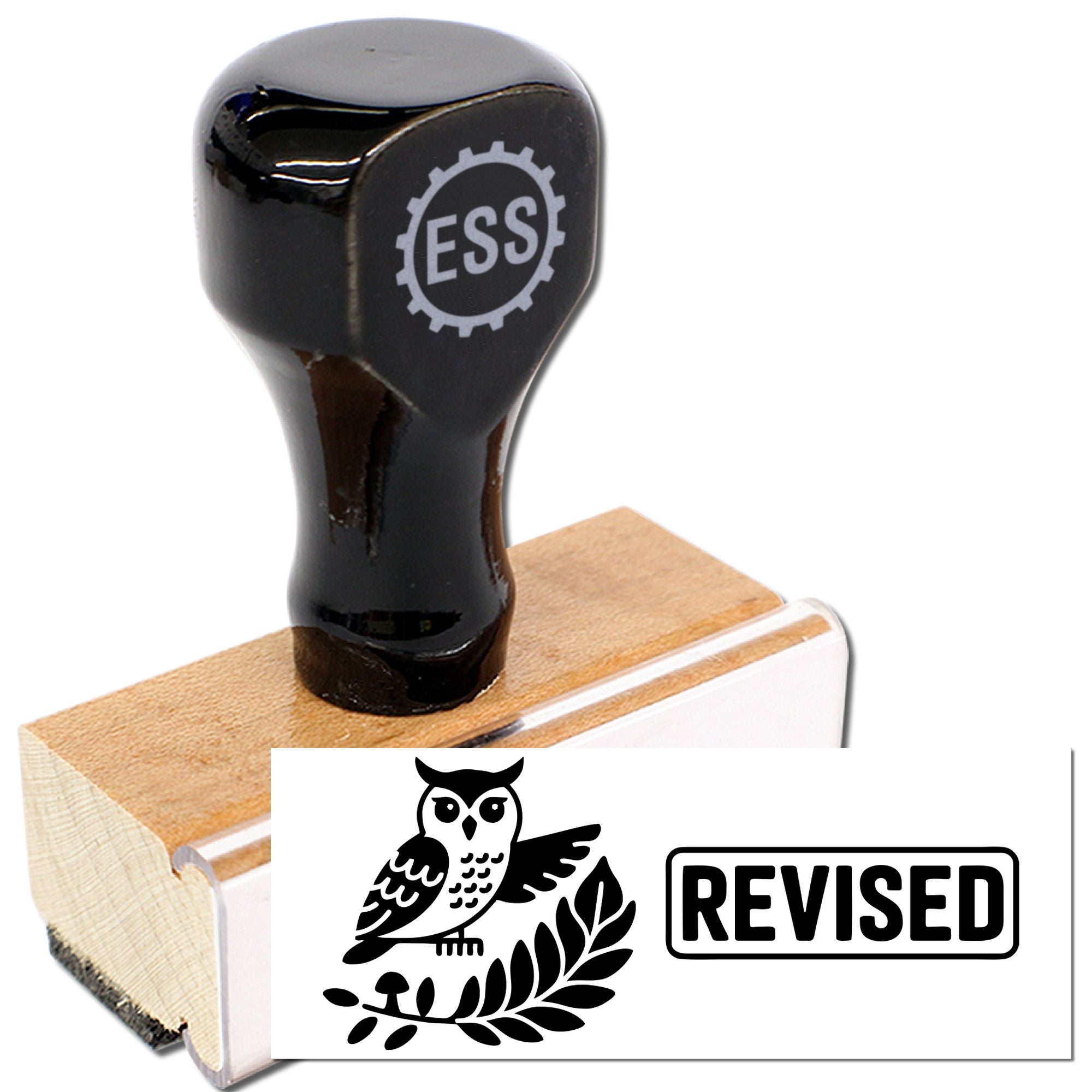 Black rubber stamp and wooden seal with ESS logo, showing owl and REVISED imprint.
