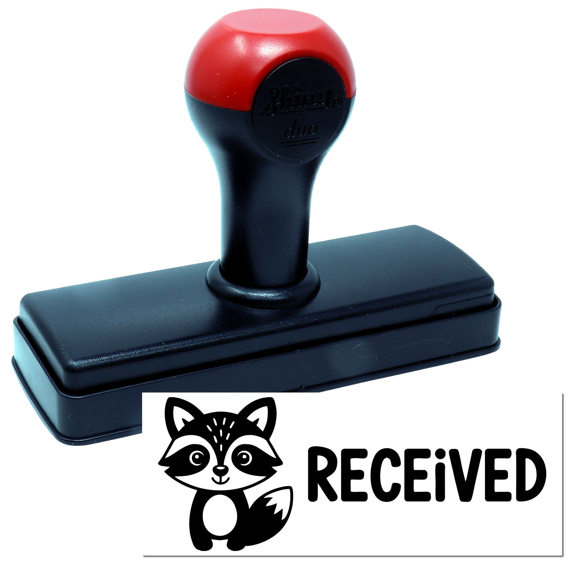 Red and black self-inking rubber stamp with raccoon RECEIVED seal design