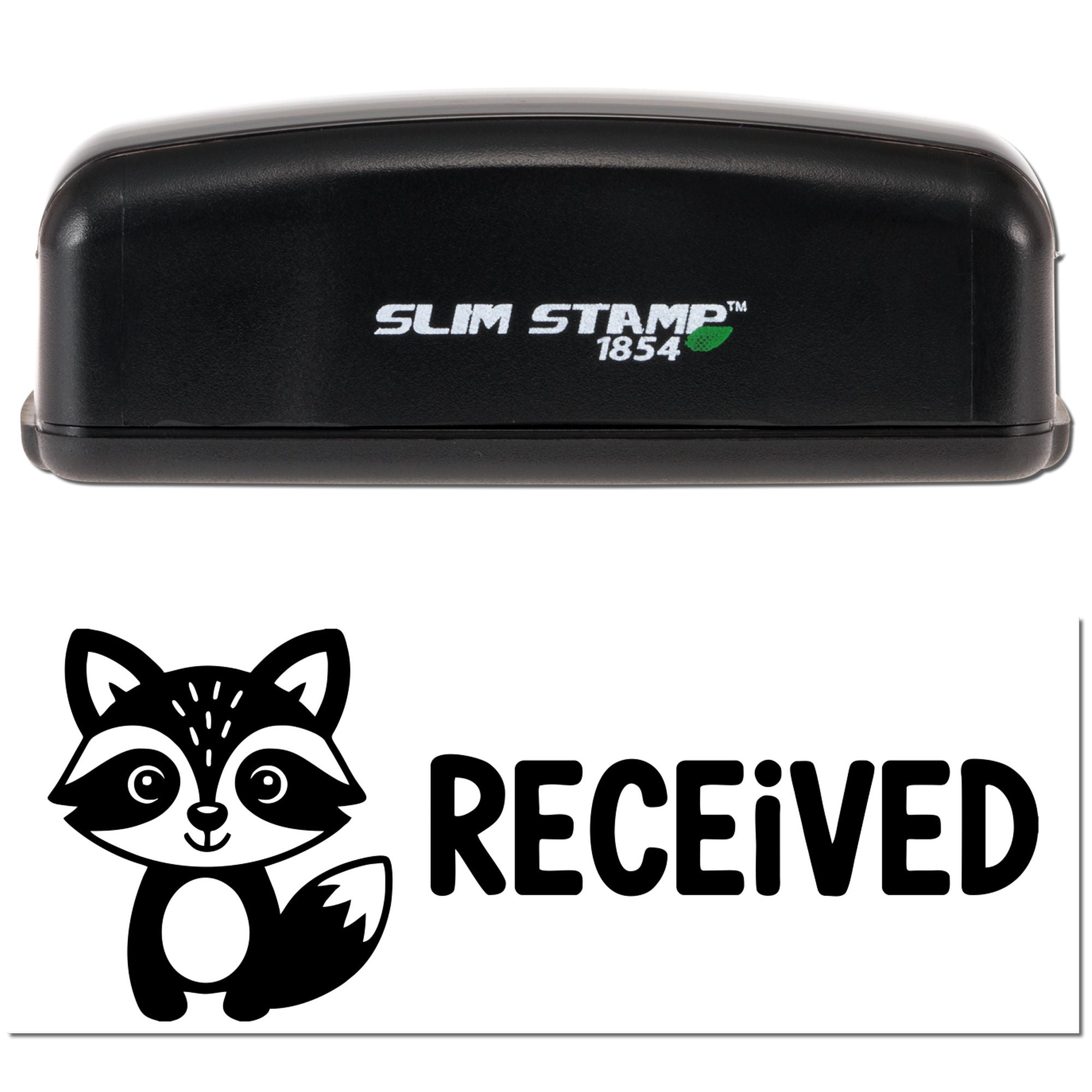 Black Slim Stamp 1854 stamp and seal set with raccoon logo and bold RECEIVED mark on white background.