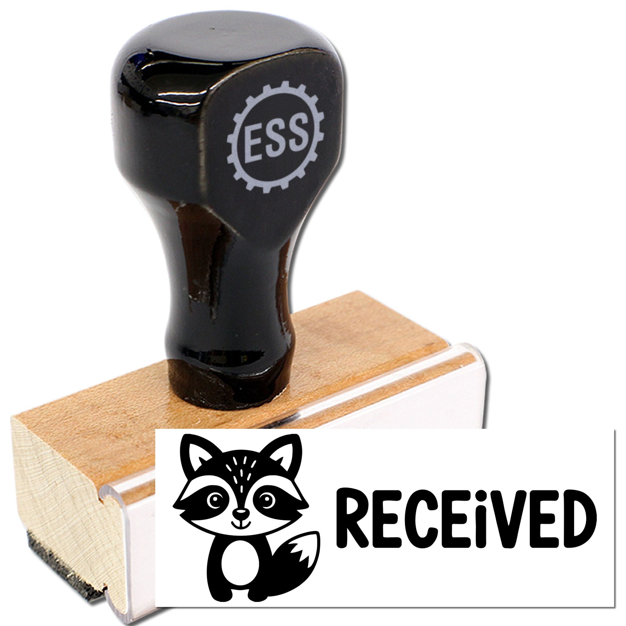 Black self-inking rubber stamp with ESS gear logo, wooden base, and Received raccoon seal on white background.