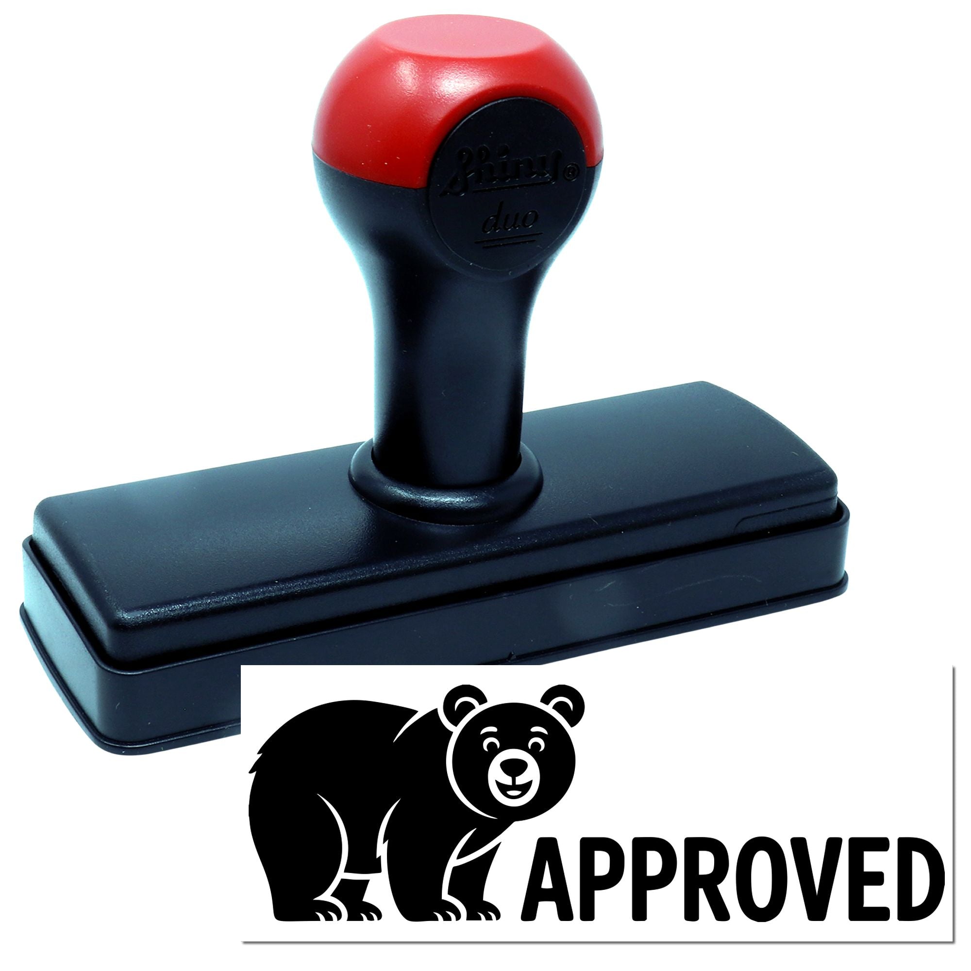 Red and black self-inking stamp with bear-approved seal design on a white background.