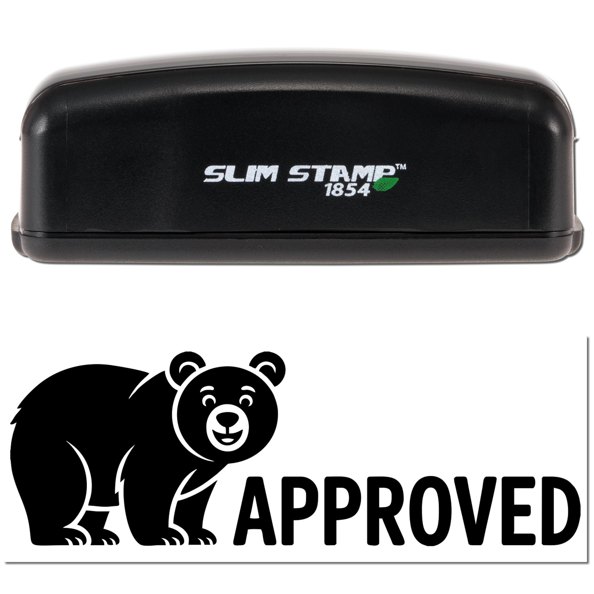 Black Slim Stamp 1854 stamp and seal with bear logo and bold approved mark on white background.