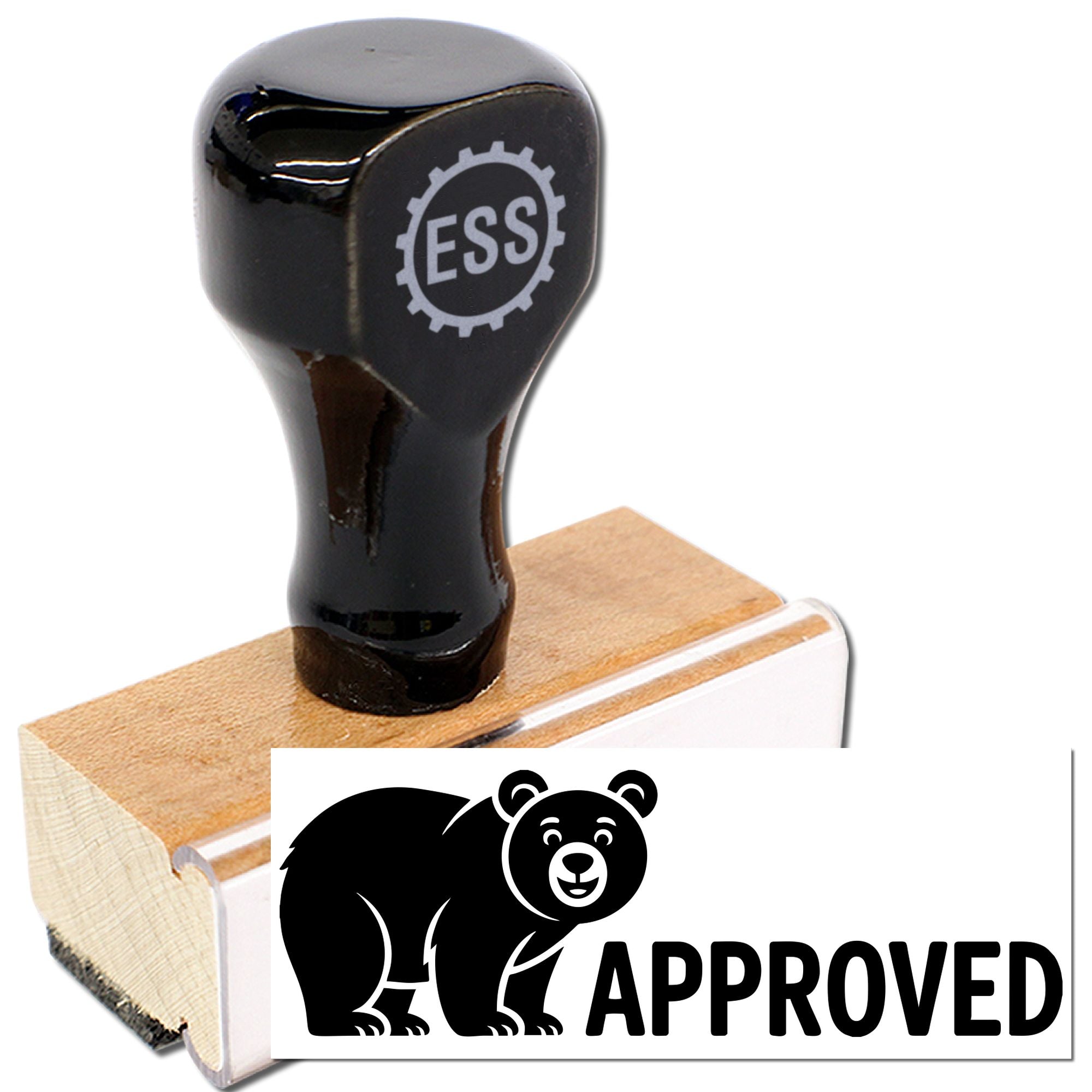 Black self-inking stamp with ESS logo and bear APPROVED seal on wooden base