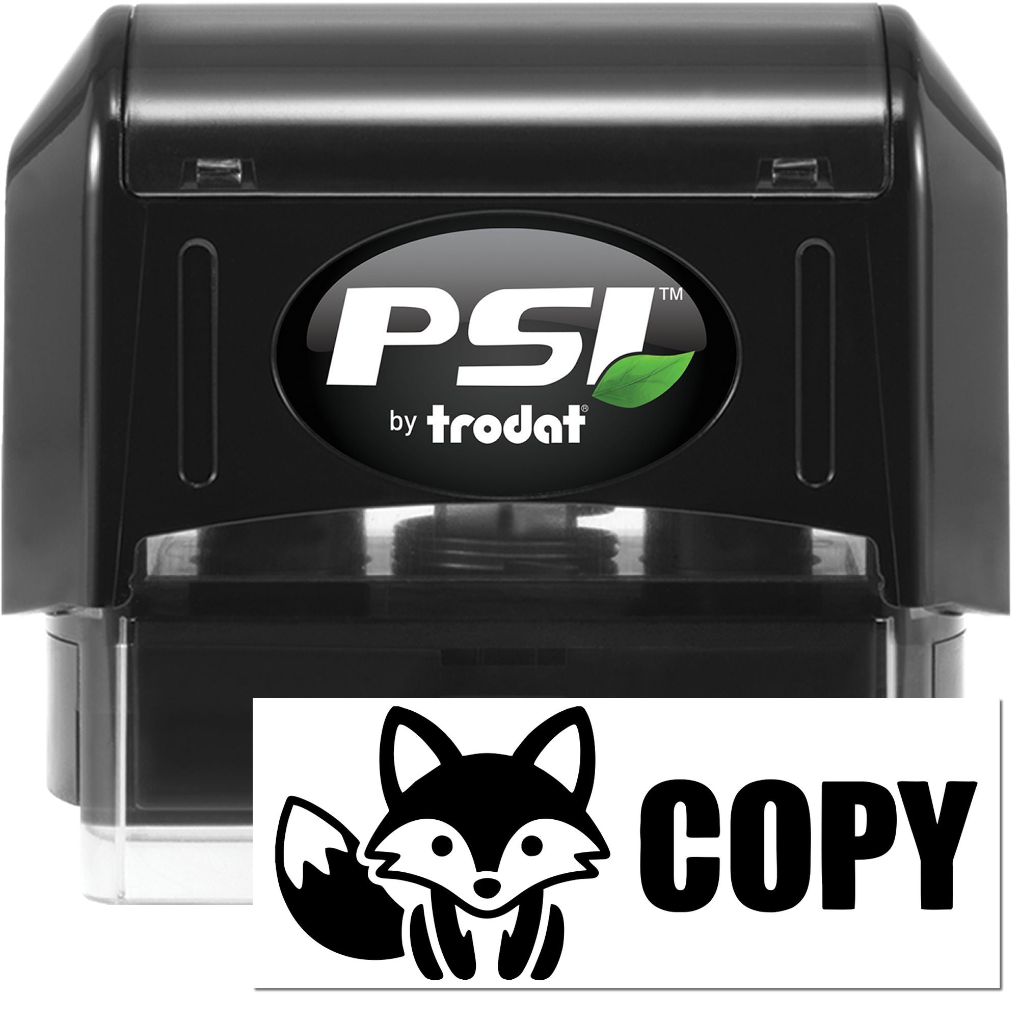 Black PSI by Trodat self-inking stamp and white COPY seal with fox logo on a white background.