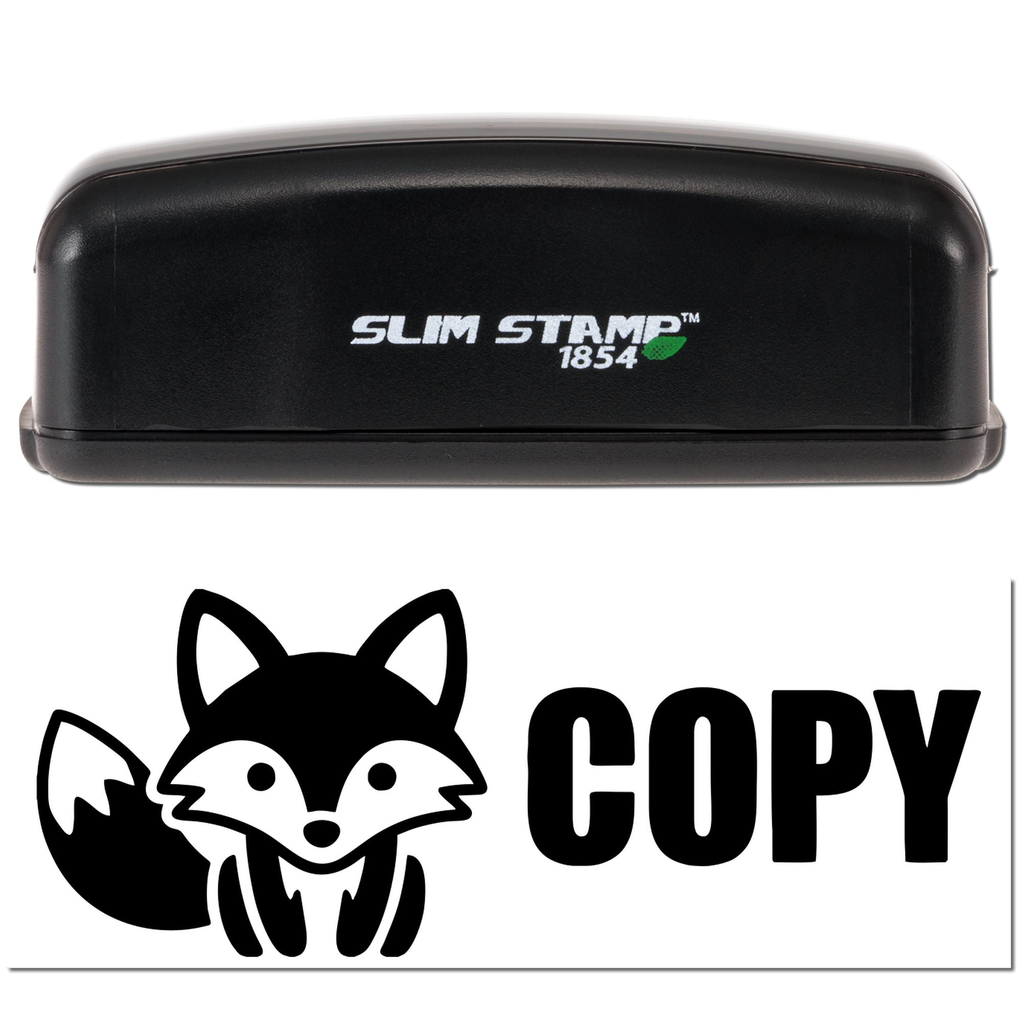 Black Slim Stamp 1854 self-inking stamp with black fox logo and COPY text on a white background