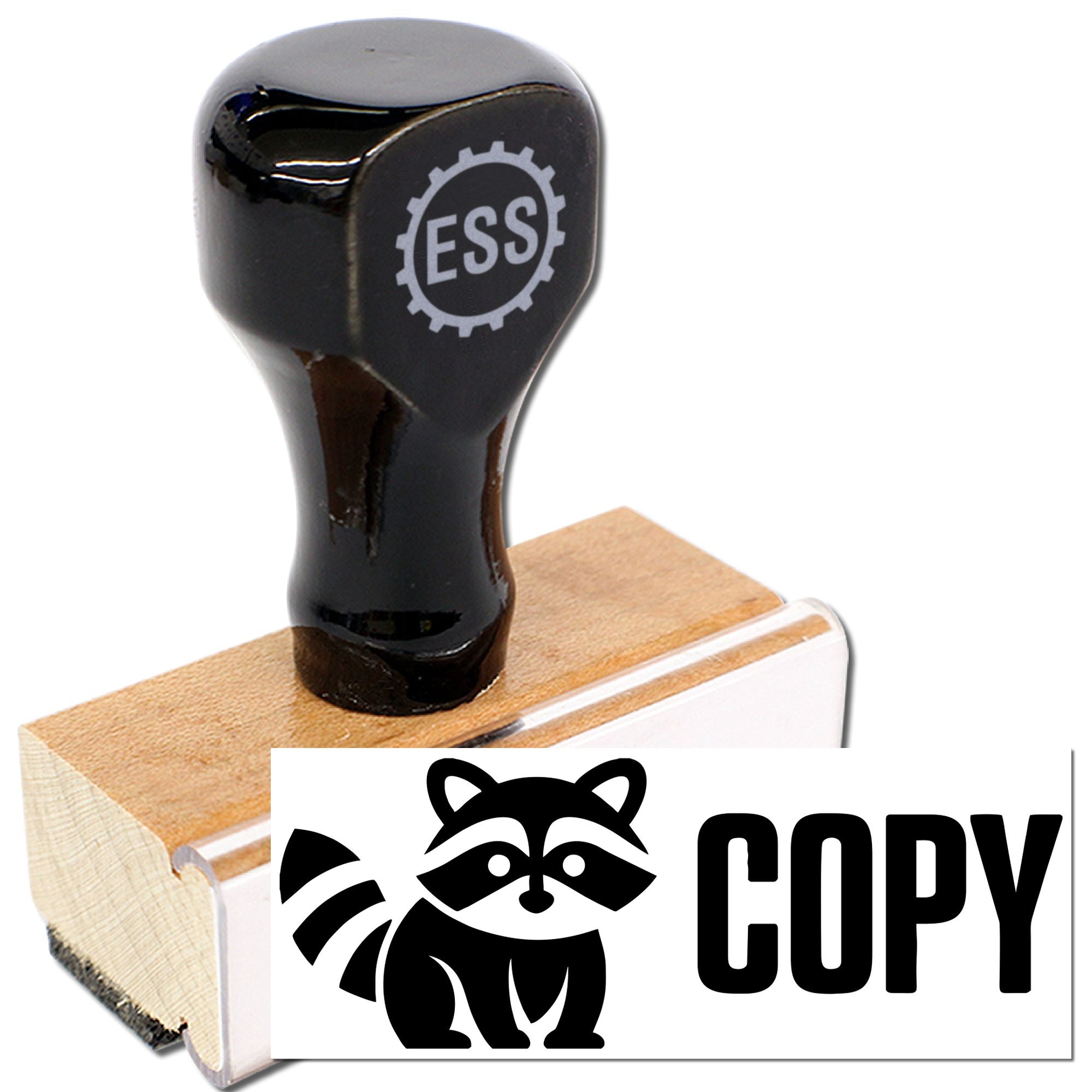 Black ESS rubber stamp with wooden base and COPY seal, featuring a raccoon logo on white background.