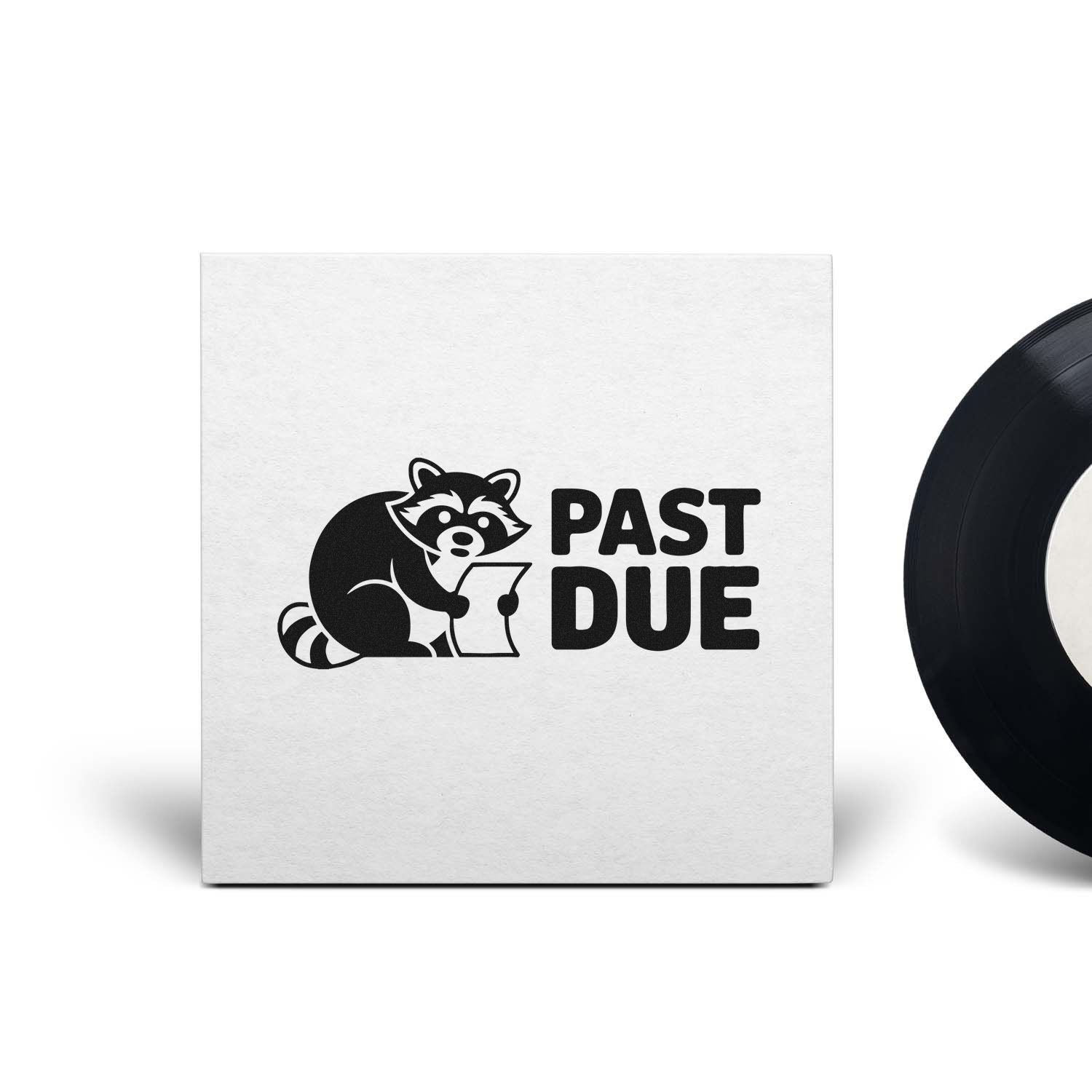 White rubber stamp with black raccoon and PAST DUE text; partial black seal ring at right.