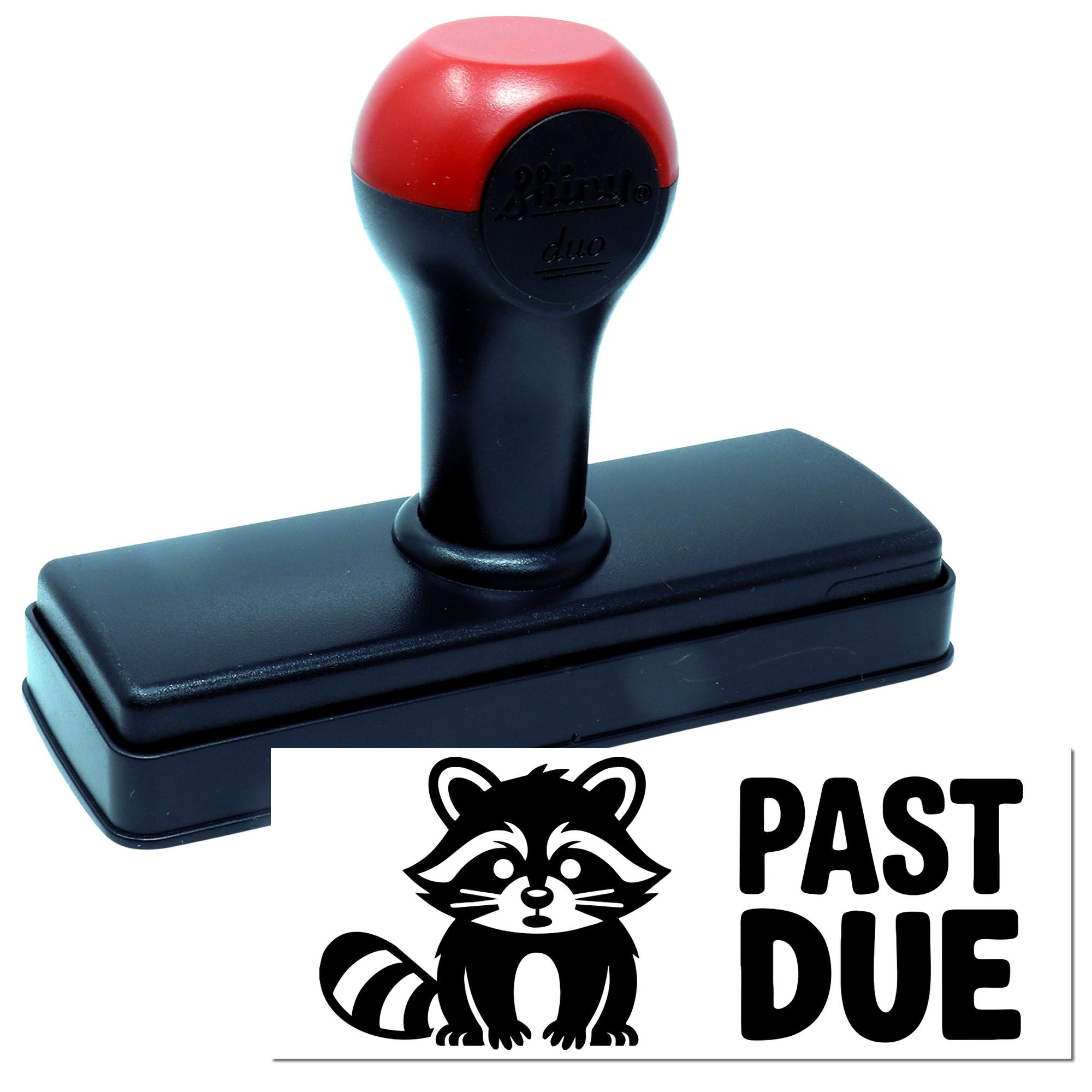 Red and black self-inking stamp and seal with raccoon graphic and bold PAST DUE text on white background.