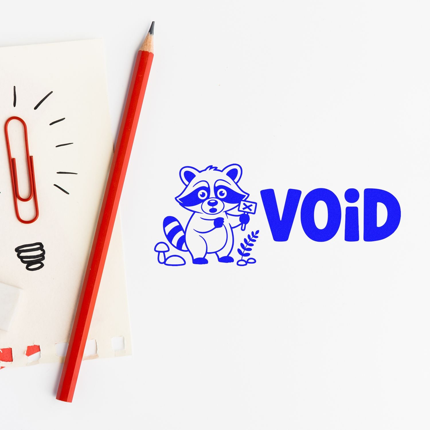 Blue VOID stamp seal with raccoon mascot, red pencil, and paper clips on white background.