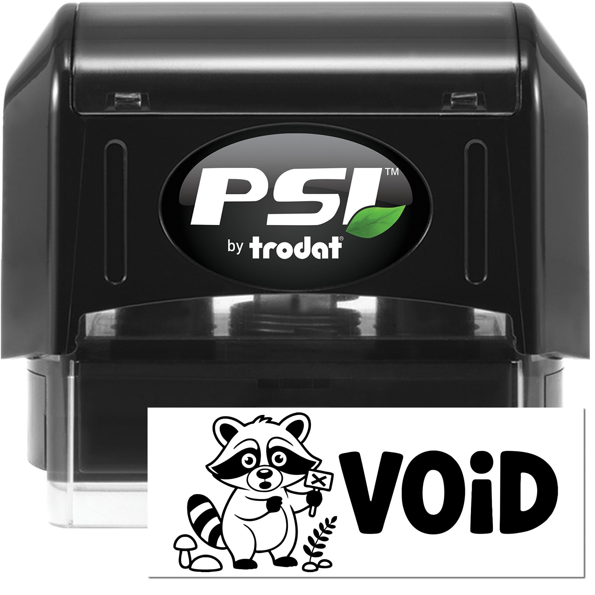Black PSI by Trodat self-inking stamp and VOID security seal with raccoon graphic on white background