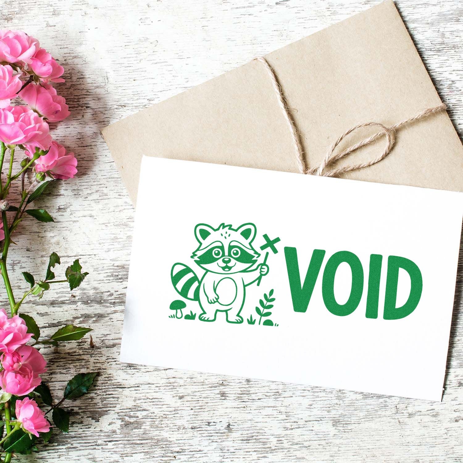 Green VOID stamp with raccoon seal on white card, over kraft envelope tied with twine and pink flowers.