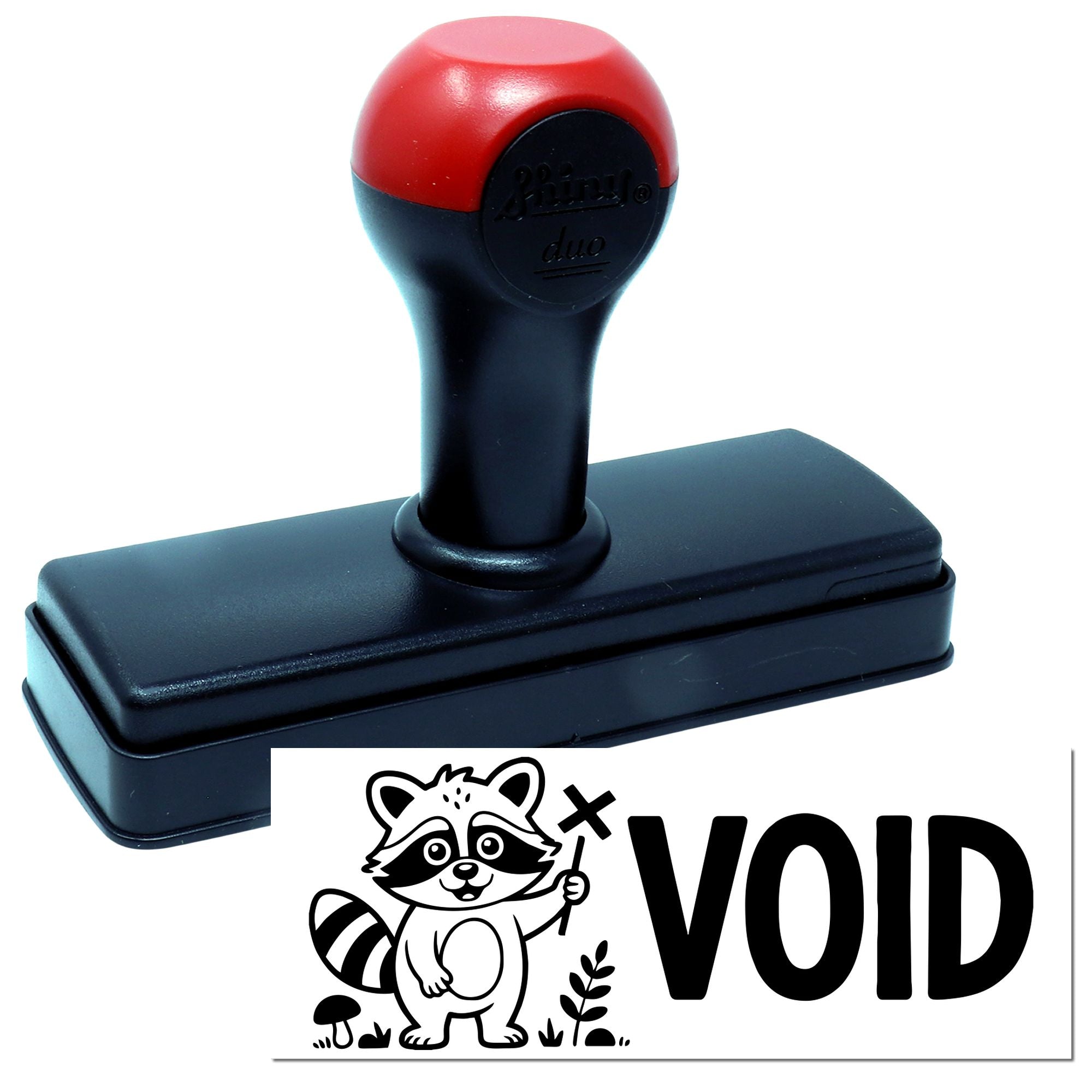 Red-and-black self-inking stamp with black base and raccoon VOID seal design