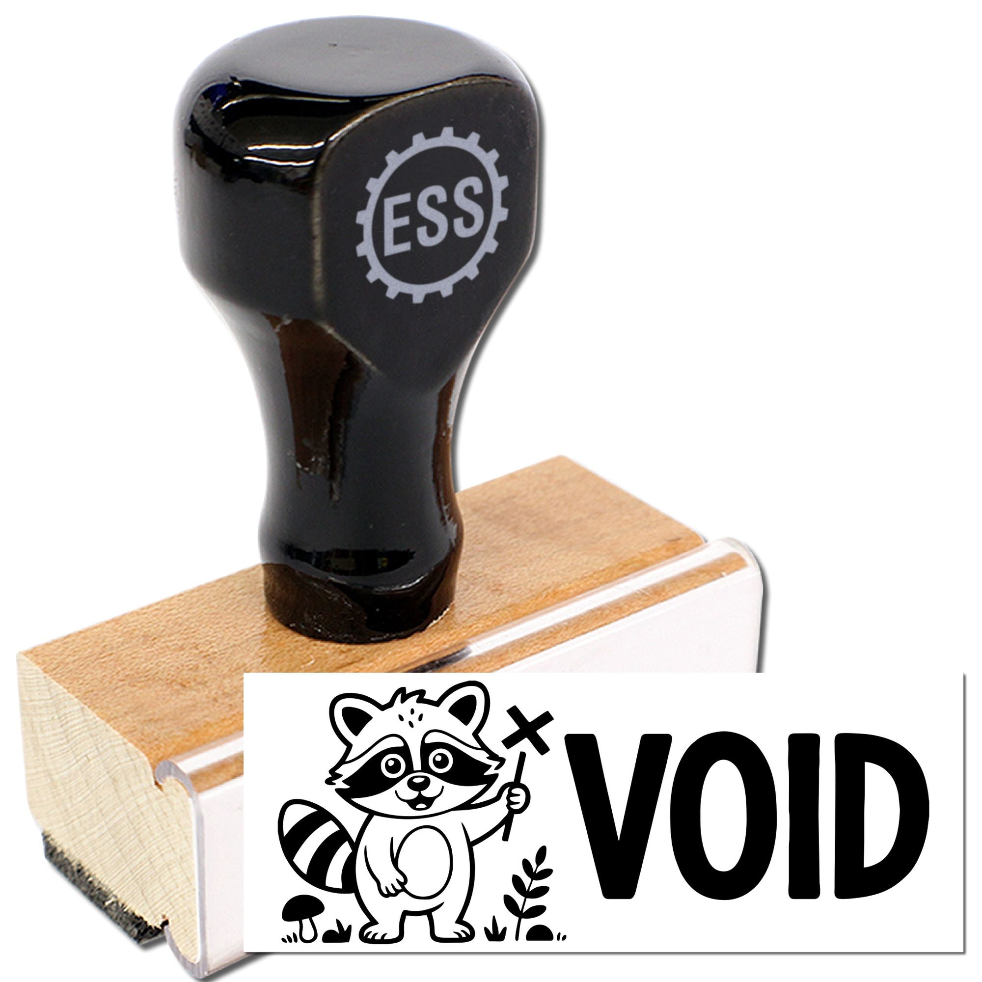 Black self-inking stamp and seal on wooden base, with ESS logo and VOID raccoon mark on white card