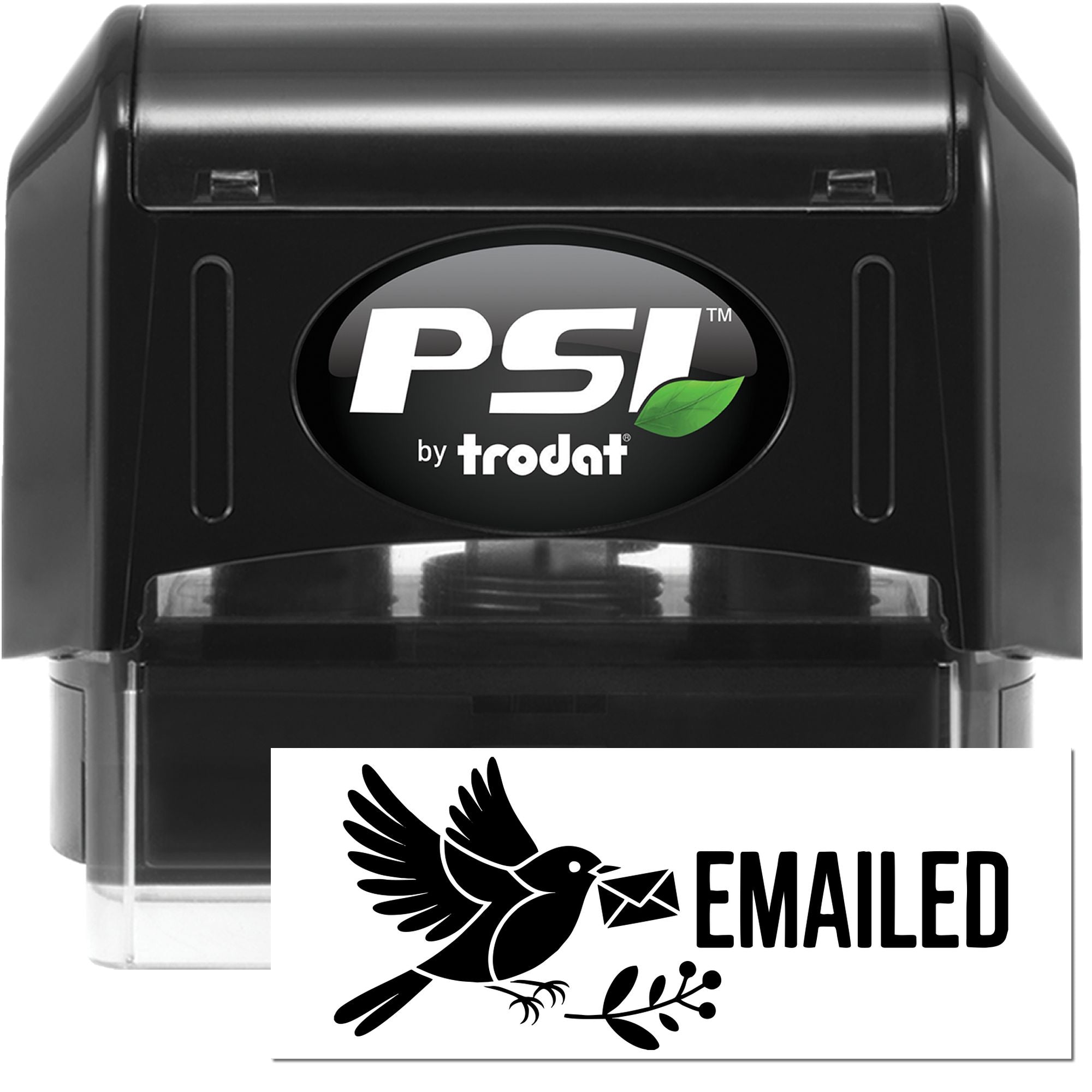 Black PSI by Trodat self-inking stamp with clear EMAILED seal on white, featuring bird icon and green leaf logo.