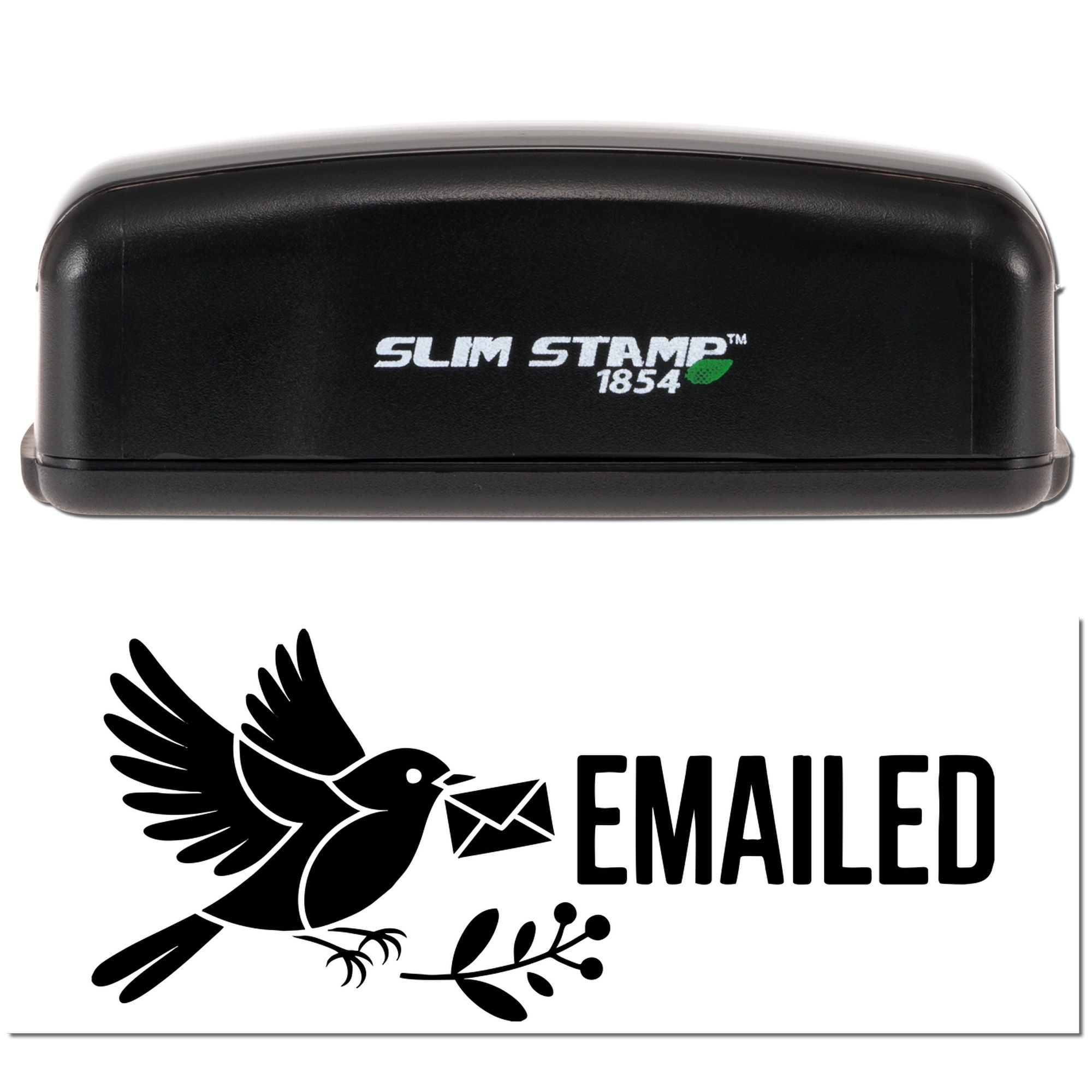 Black Slim Stamp 1854 self-inking stamp with Emailed seal, bird and envelope graphic on white background.