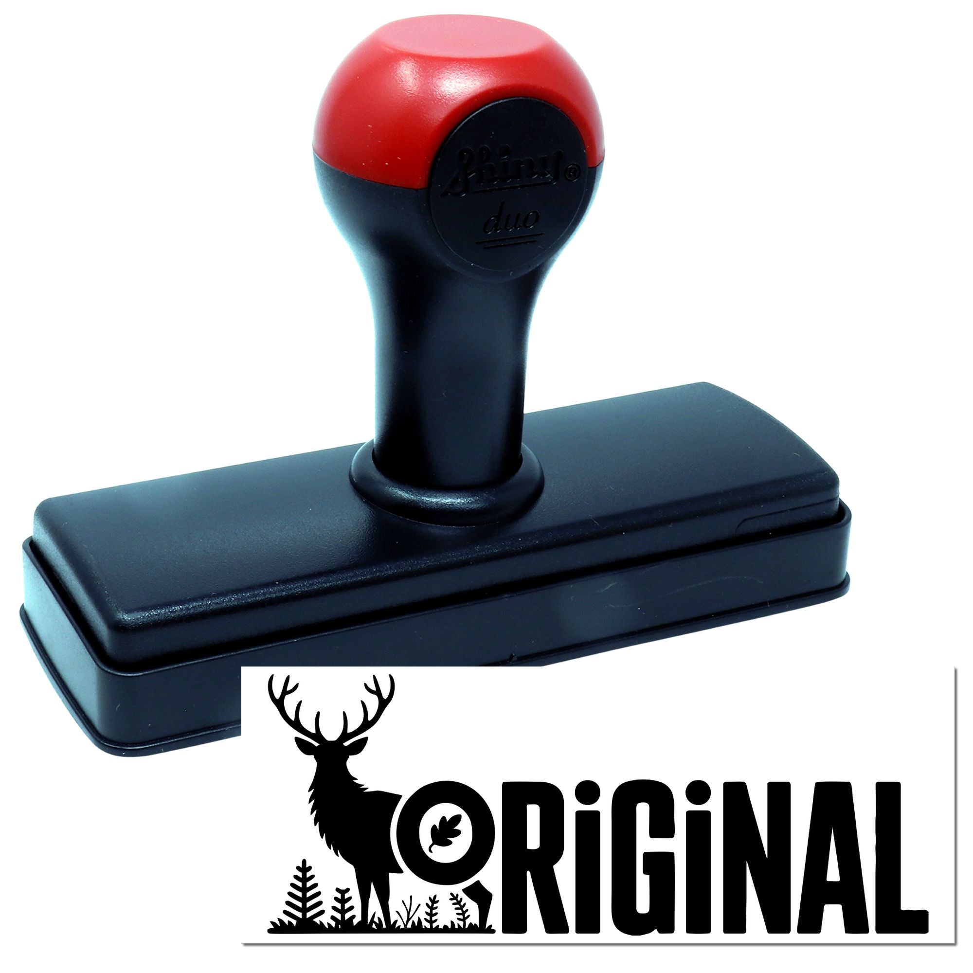 Red and black self-inking stamp with rectangular base and custom seal reading ORIGINAL with deer logo.