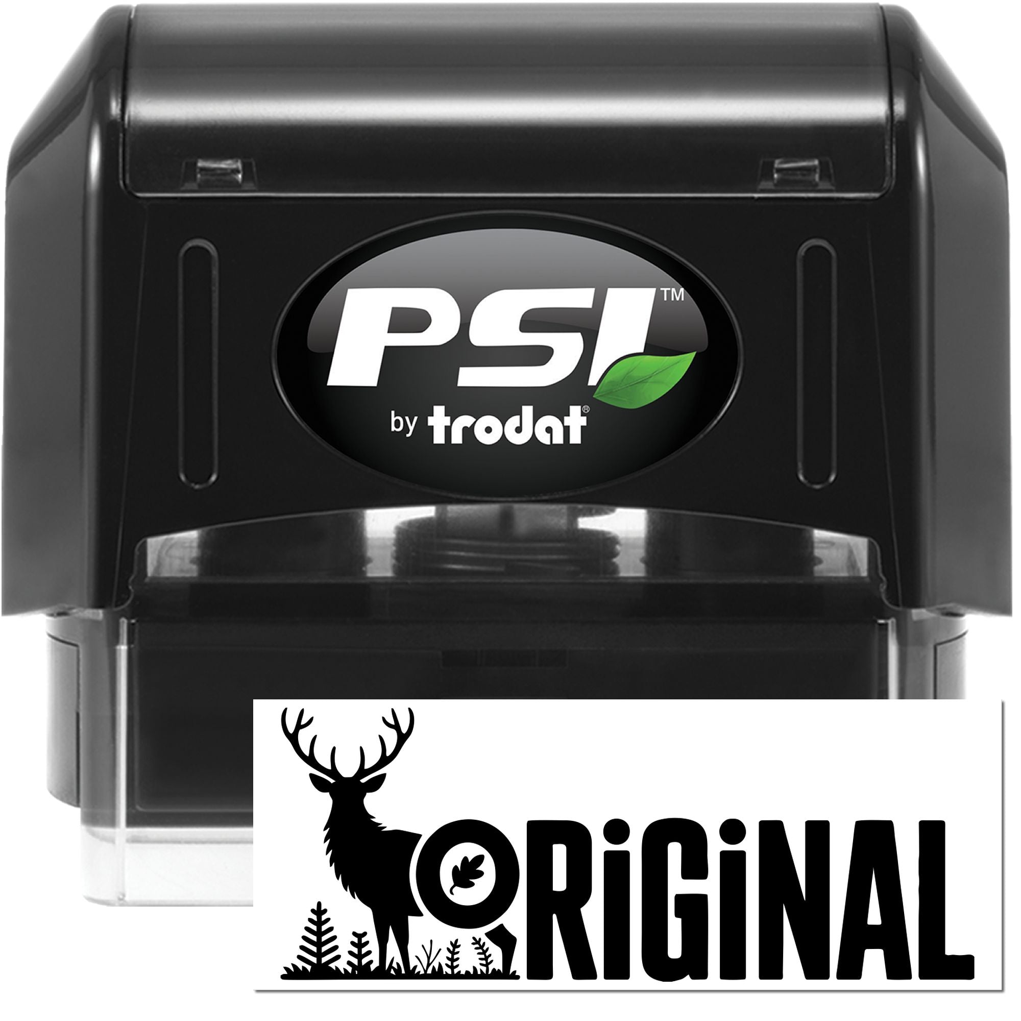 Black PSI by Trodat self-inking stamp with a white custom seal reading ORIGINAL and a deer logo.