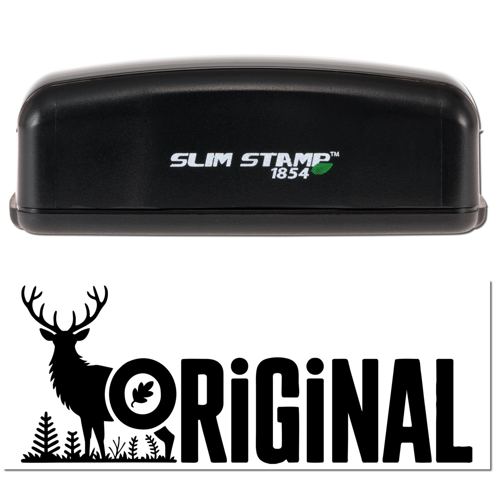Black Slim Stamp 1854 self-inking stamp and seal with deer logo and ORIGINAL branding on a white background.