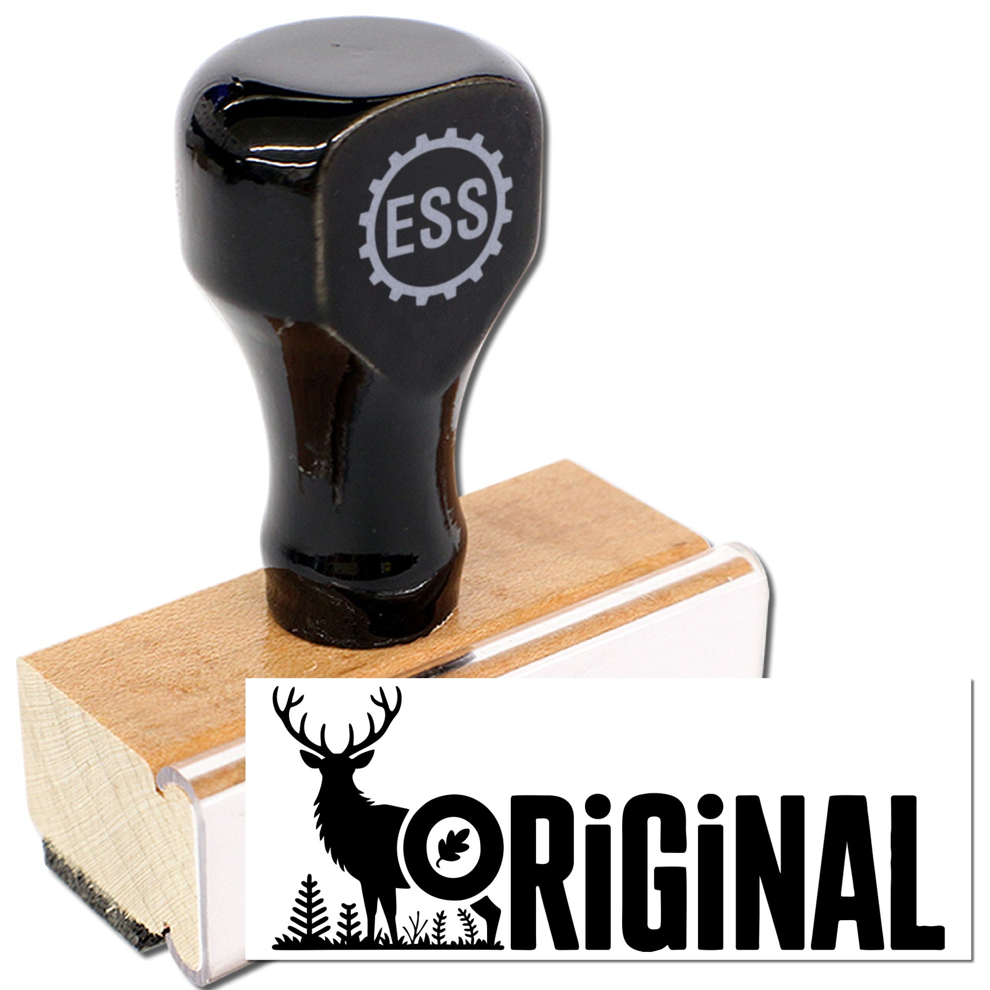 Black ESS self-inking stamp and seal with wooden base, showing an ORIGINAL deer logo impression.