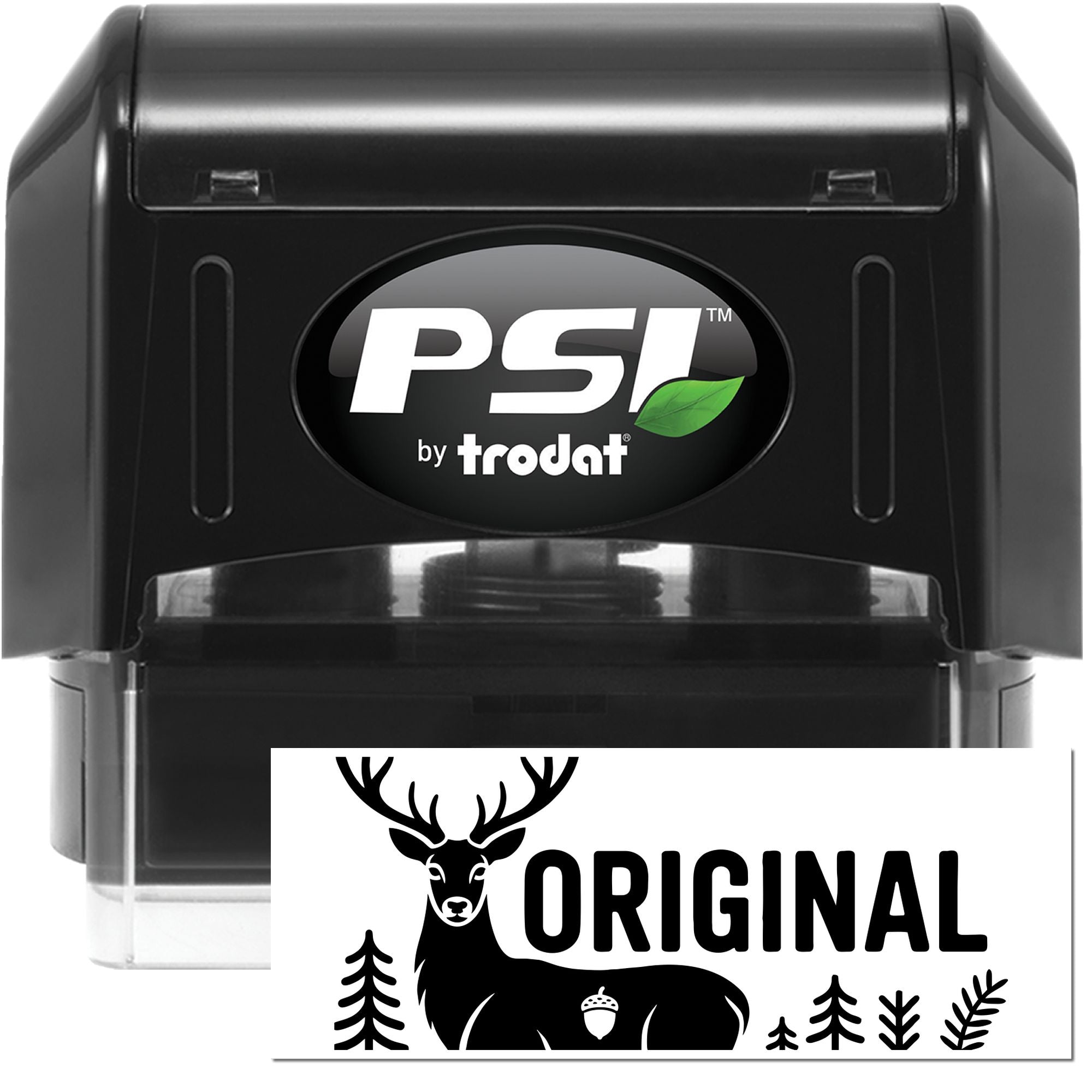 Black PSI by Trodat self-inking stamp and seal set with green leaf logo and Original deer design on white card